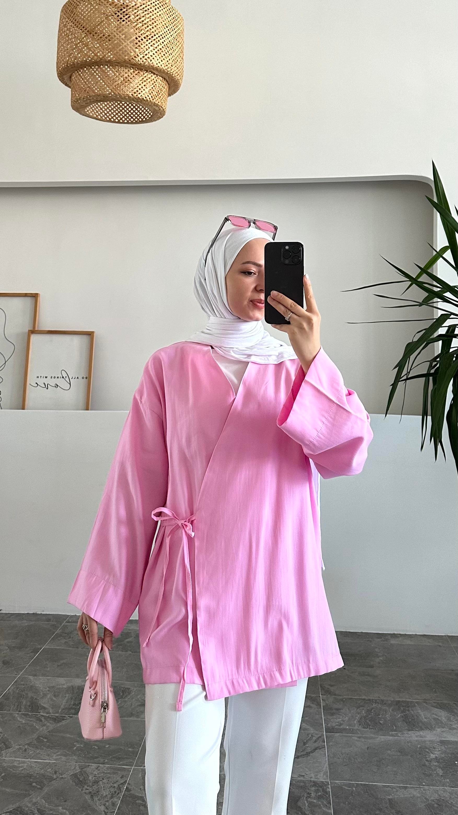 Apay Bağlamalı Pembe Keten Kimono