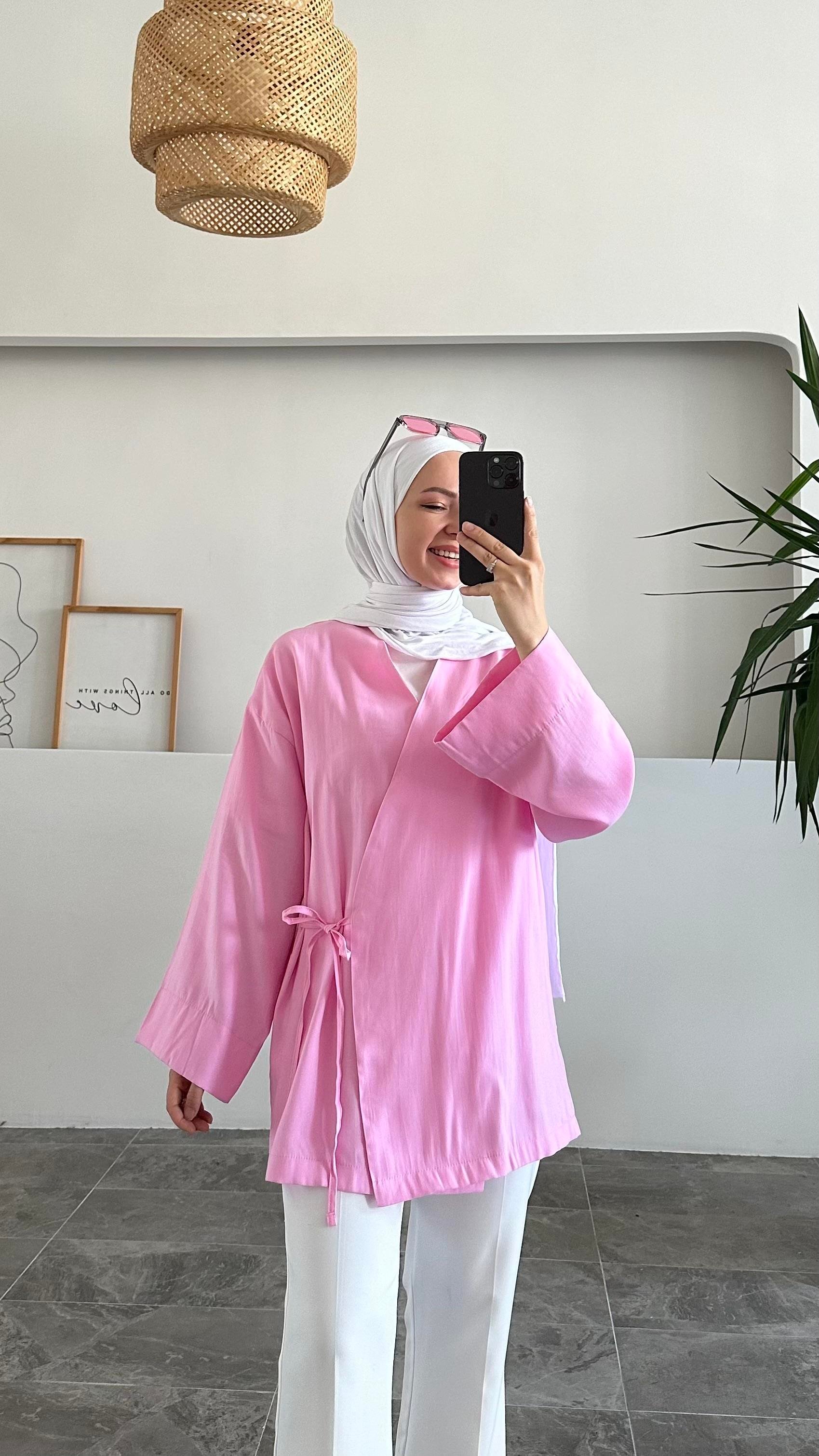Apay Bağlamalı Pembe Keten Kimono