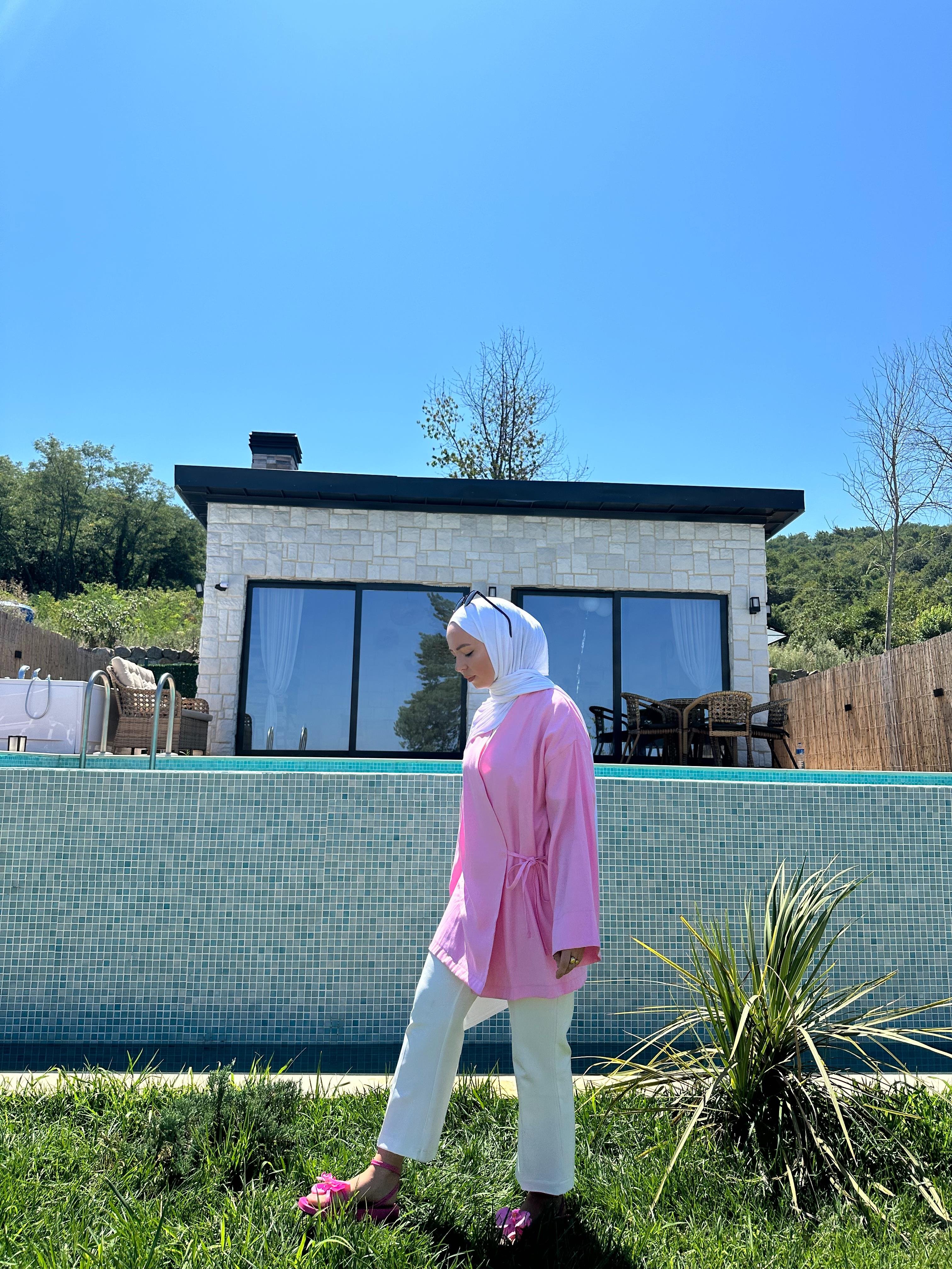 Apay Bağlamalı Pembe Keten Kimono