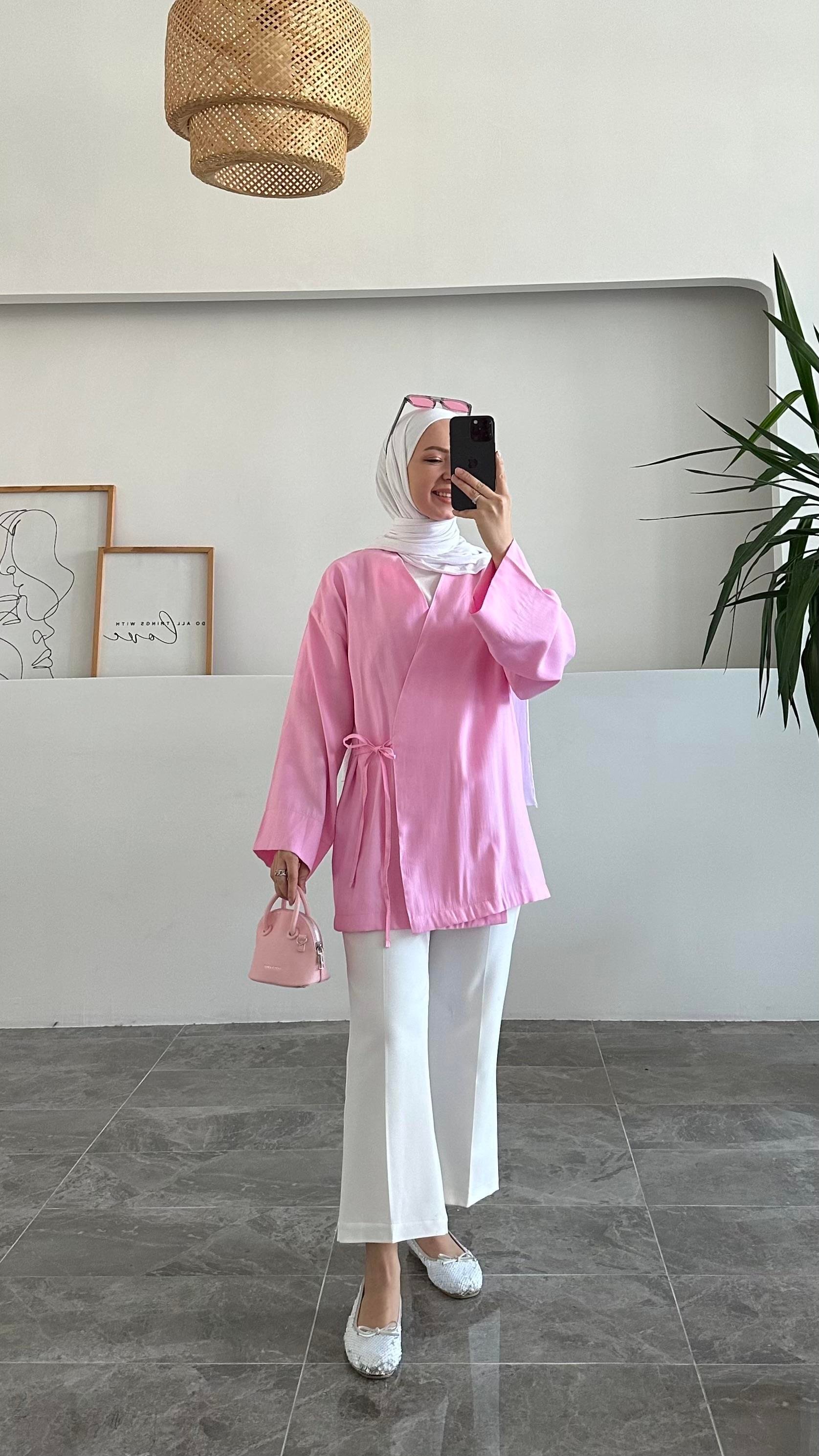 Apay Bağlamalı Pembe Keten Kimono