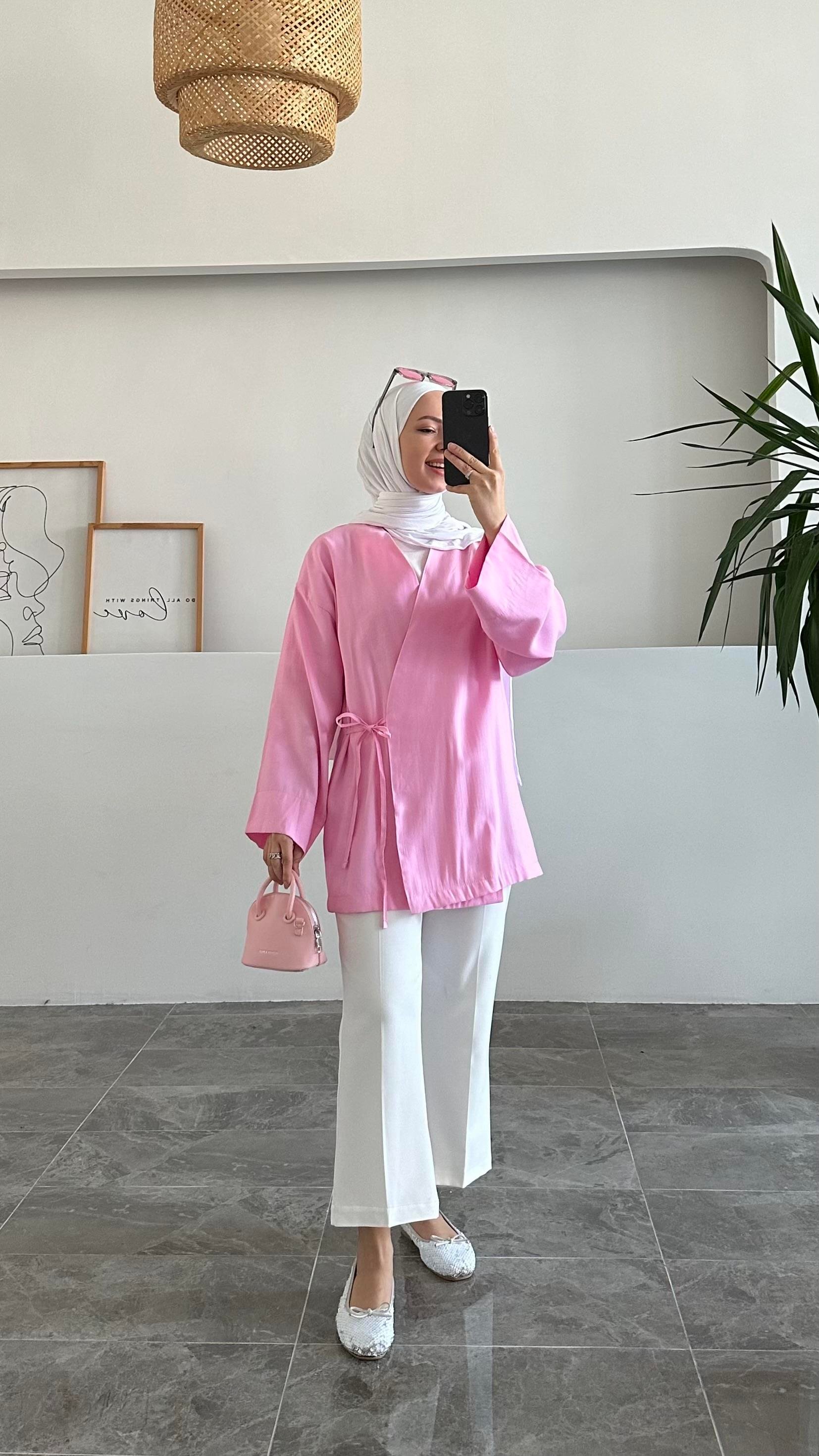 Apay Bağlamalı Pembe Keten Kimono