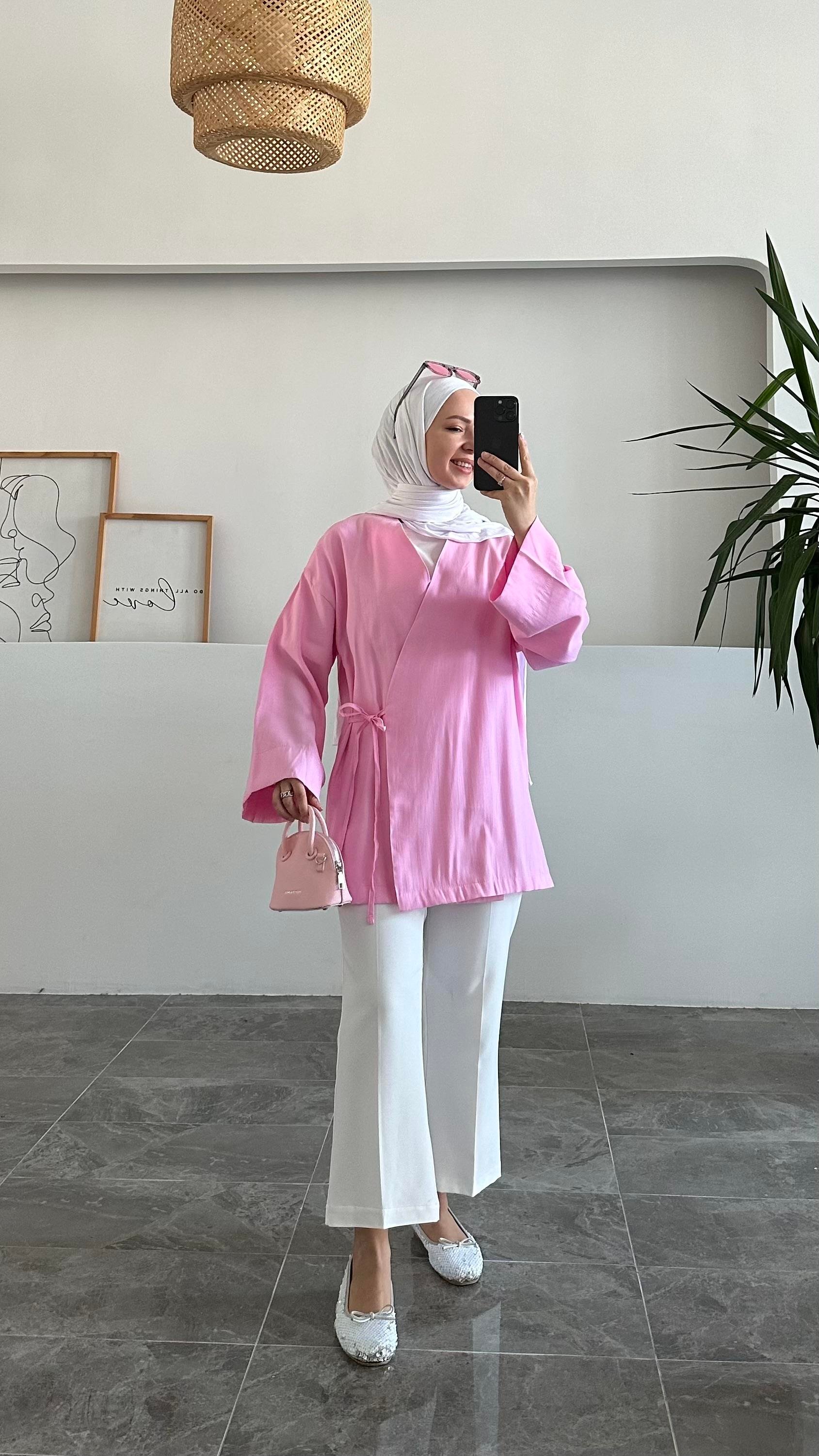 Apay Bağlamalı Pembe Keten Kimono