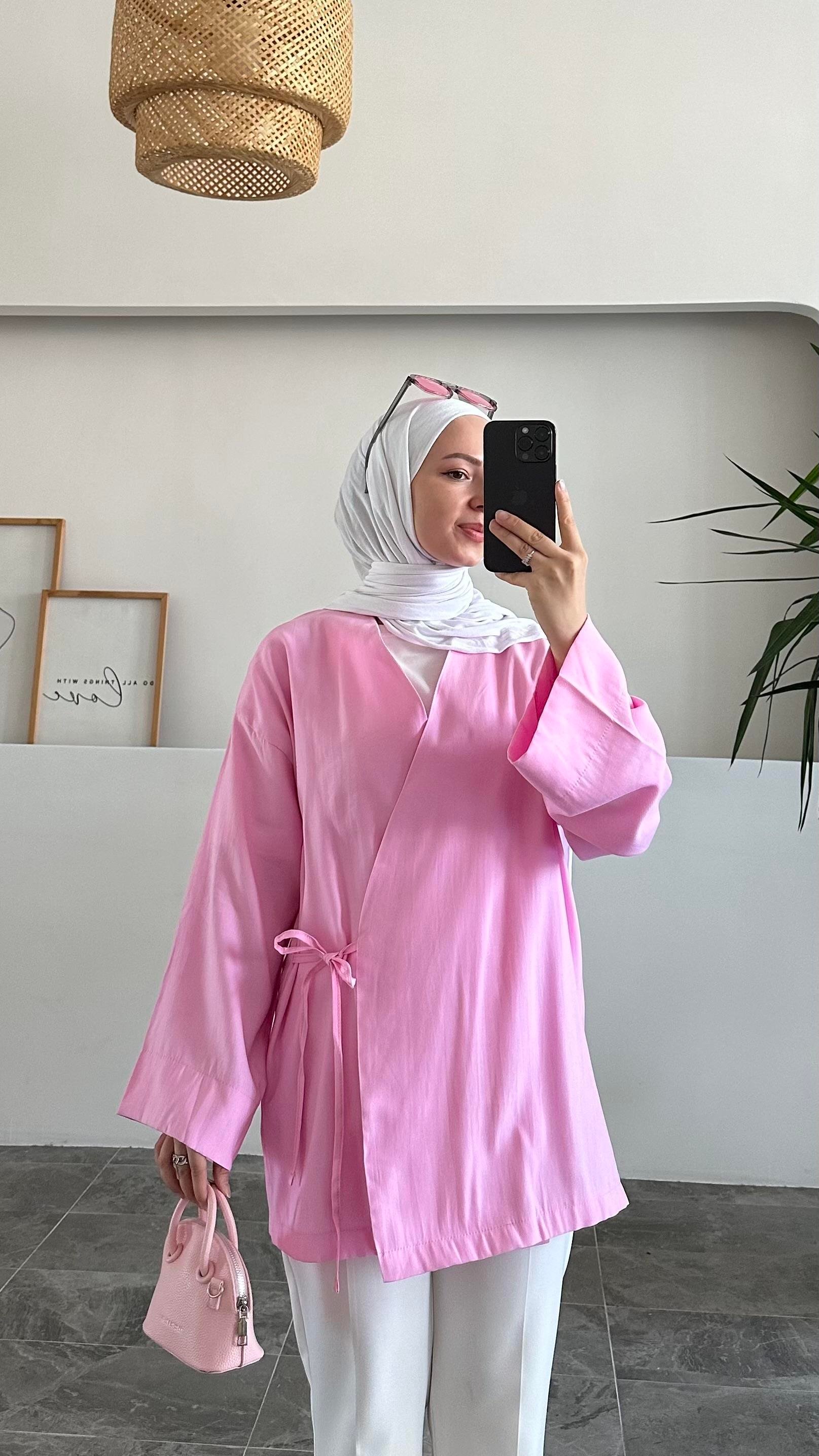 Apay Bağlamalı Pembe Keten Kimono