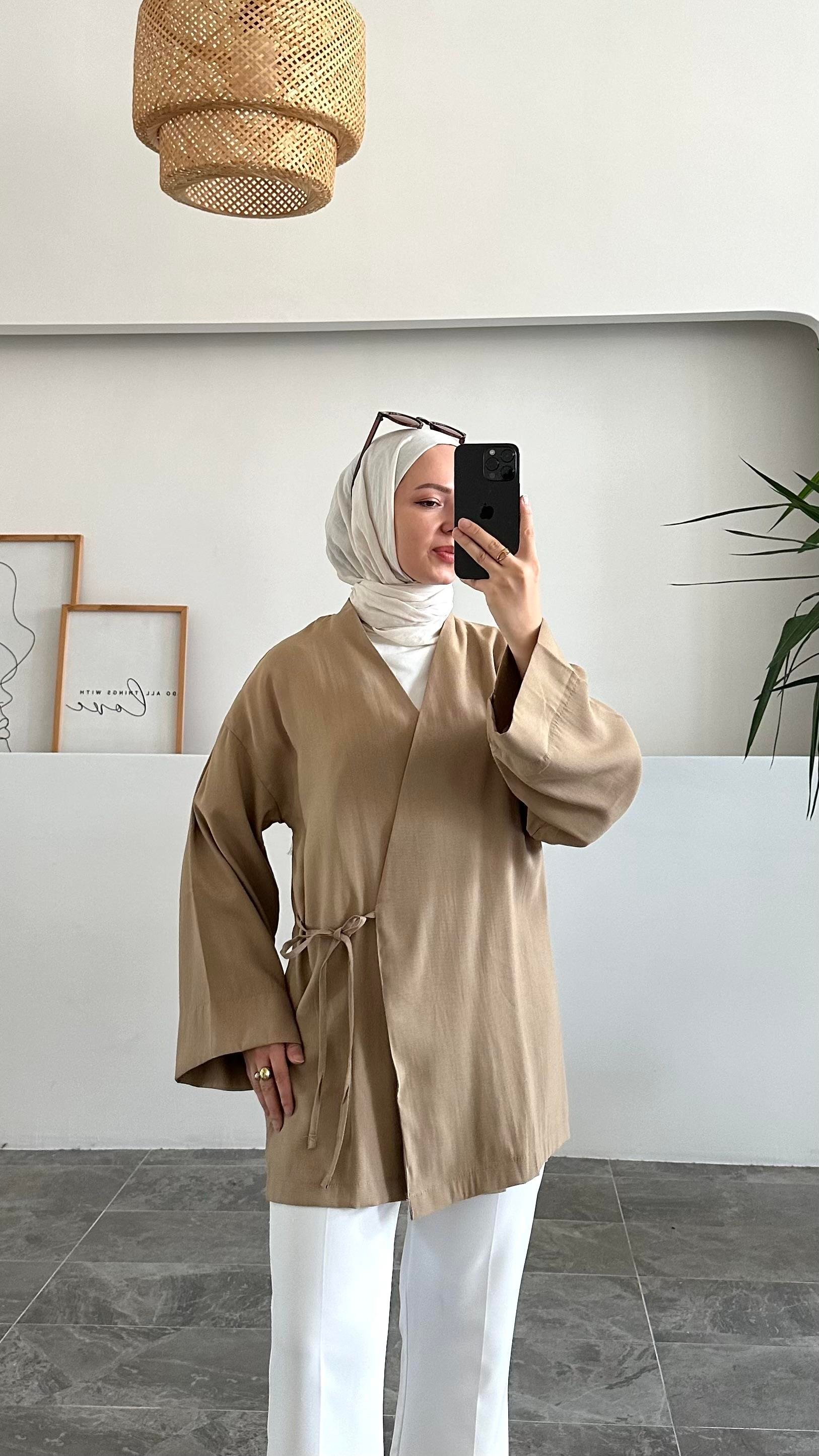 Apay Bağlamalı Sütlü Kahve Keten Kimono
