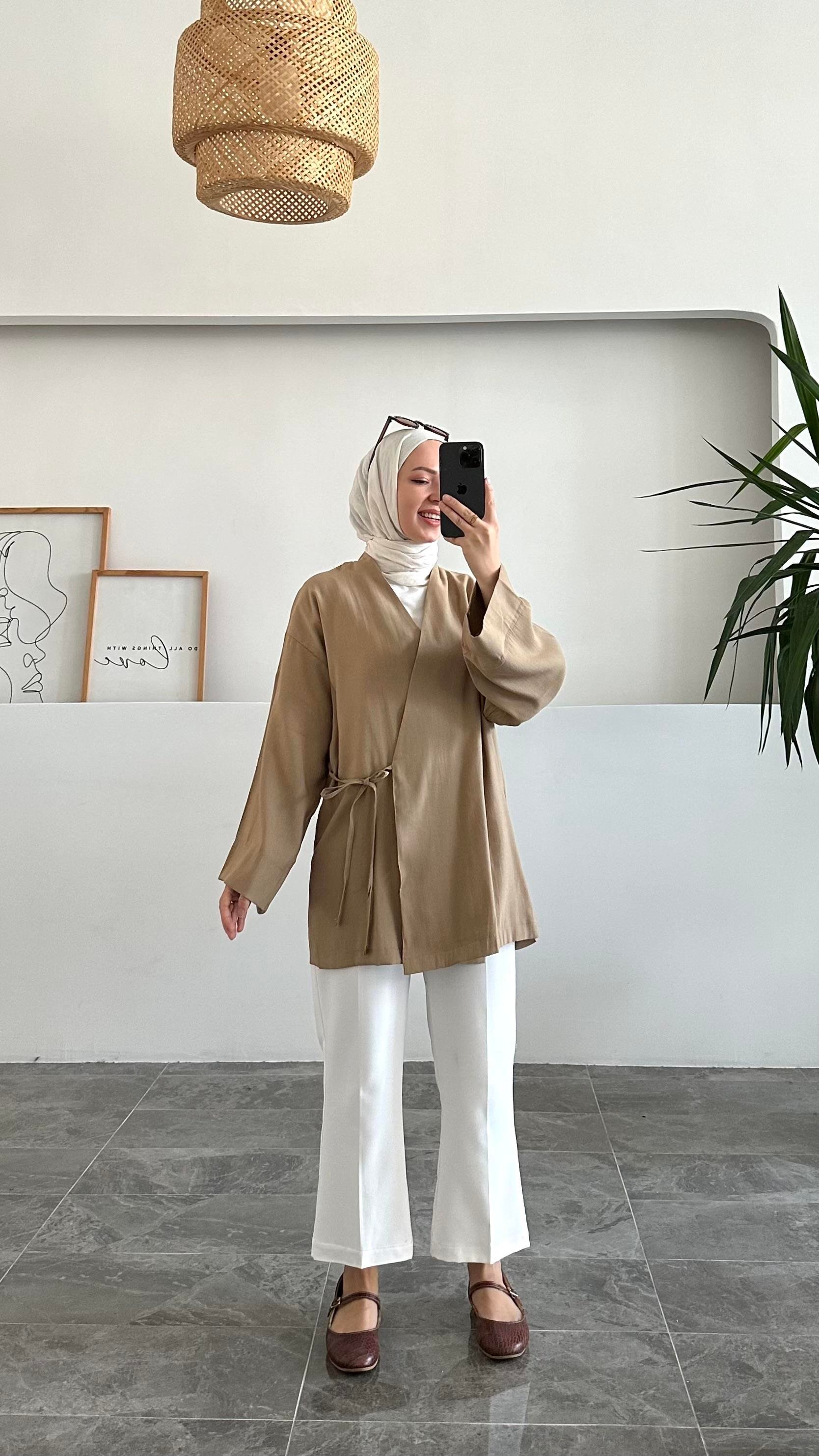 Apay Bağlamalı Sütlü Kahve Keten Kimono