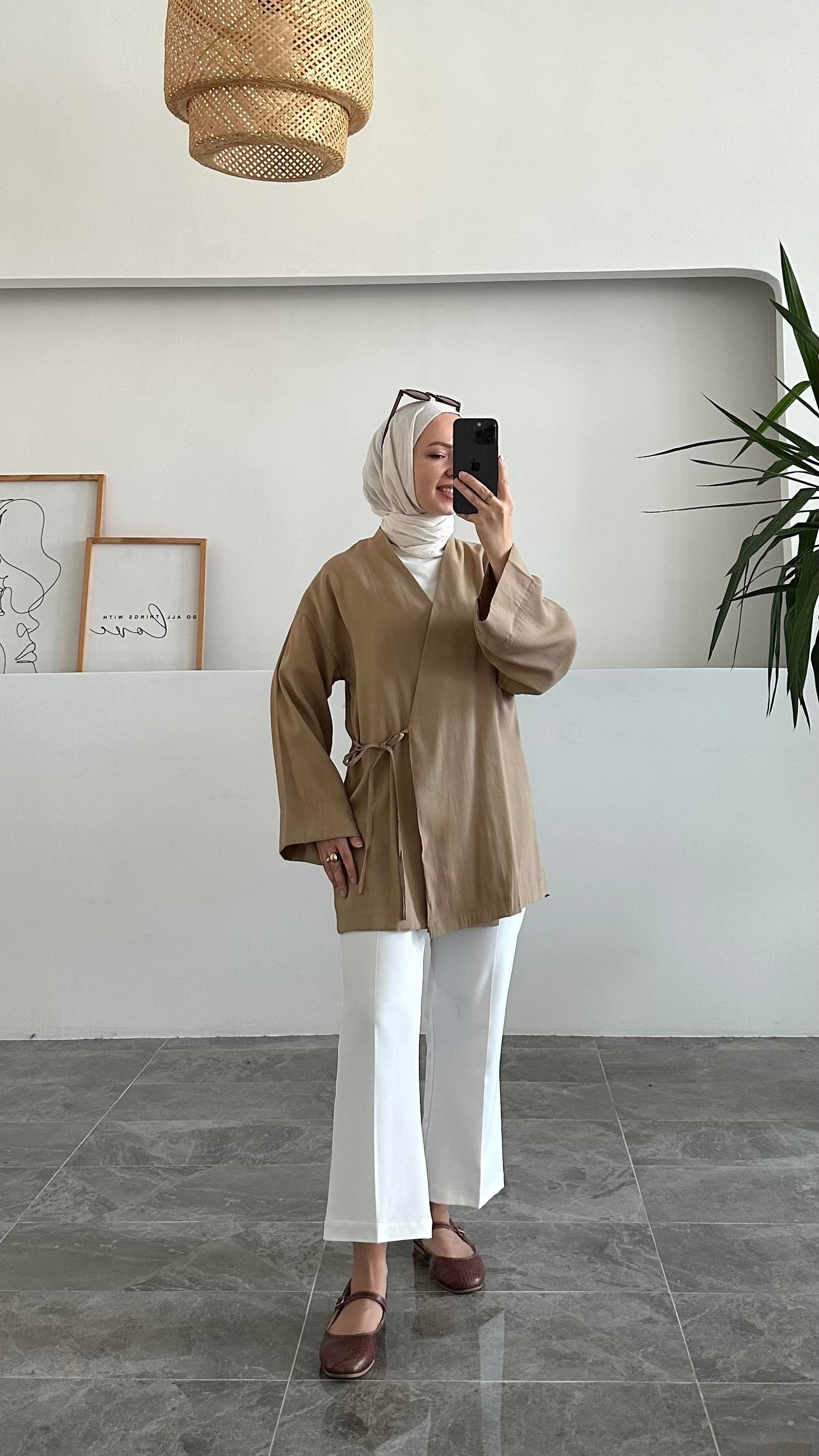 Apay Bağlamalı Sütlü Kahve Keten Kimono
