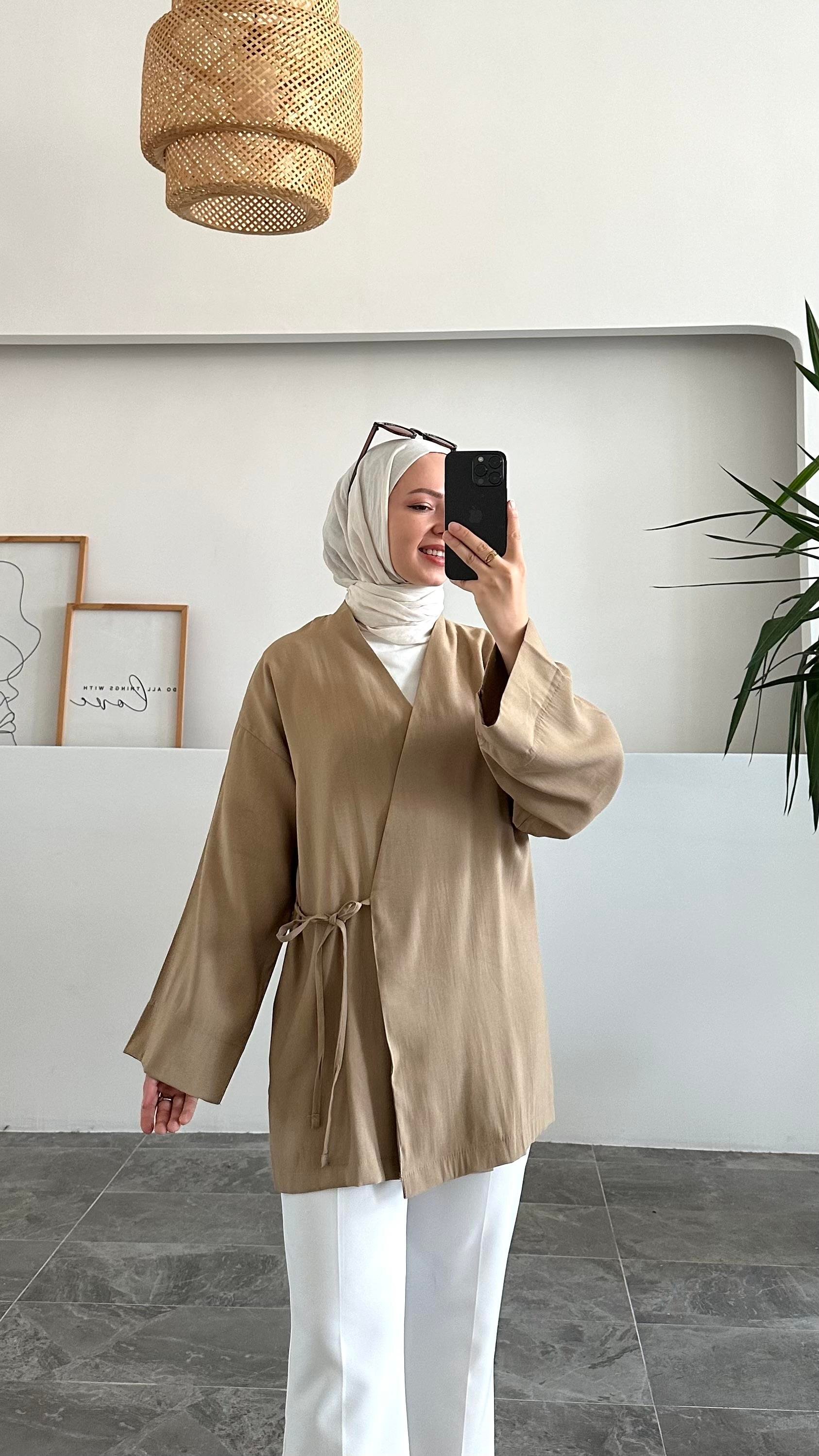Apay Bağlamalı Sütlü Kahve Keten Kimono