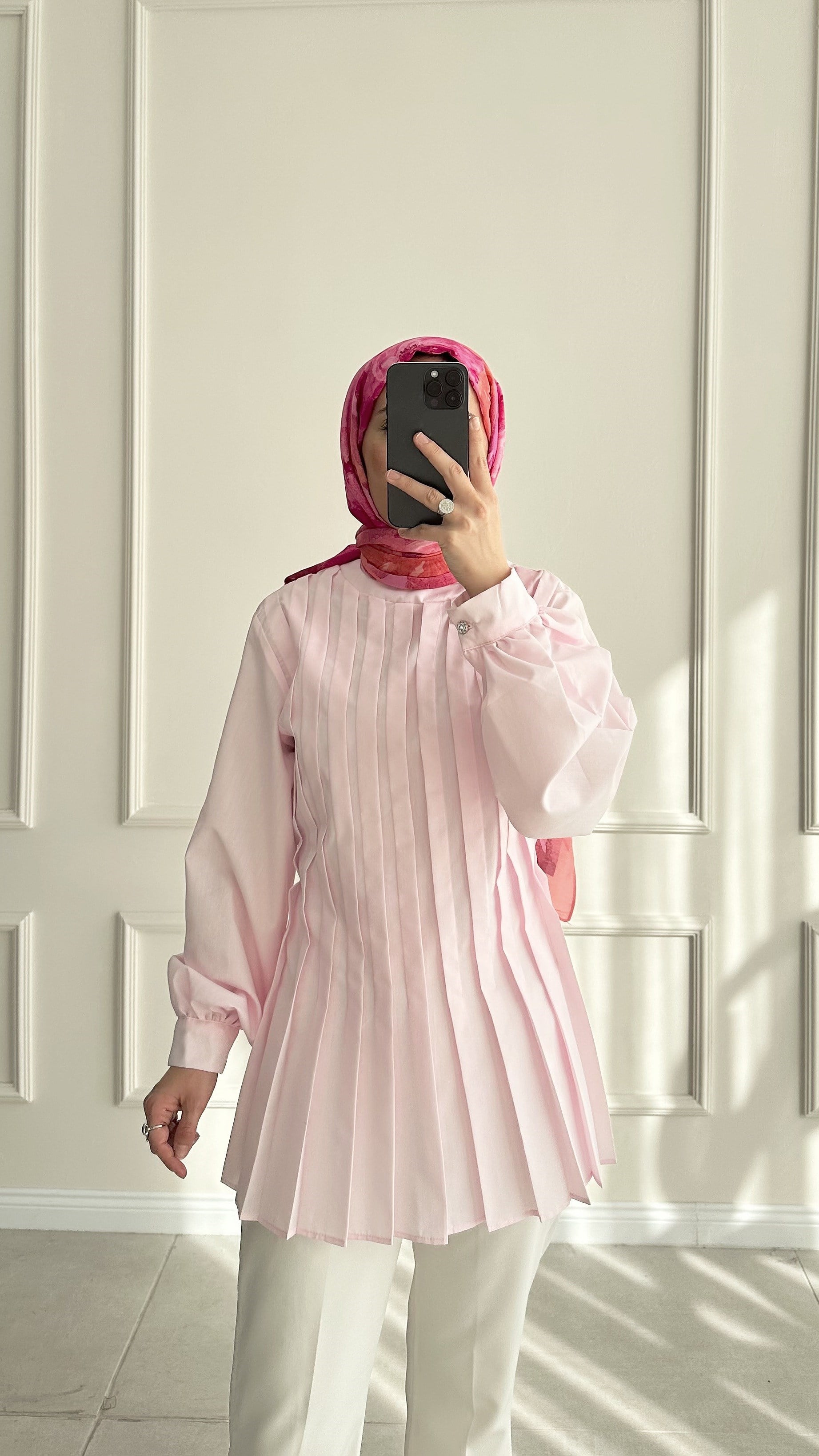 Askor Pileli Tasarım Pembe Gömlek