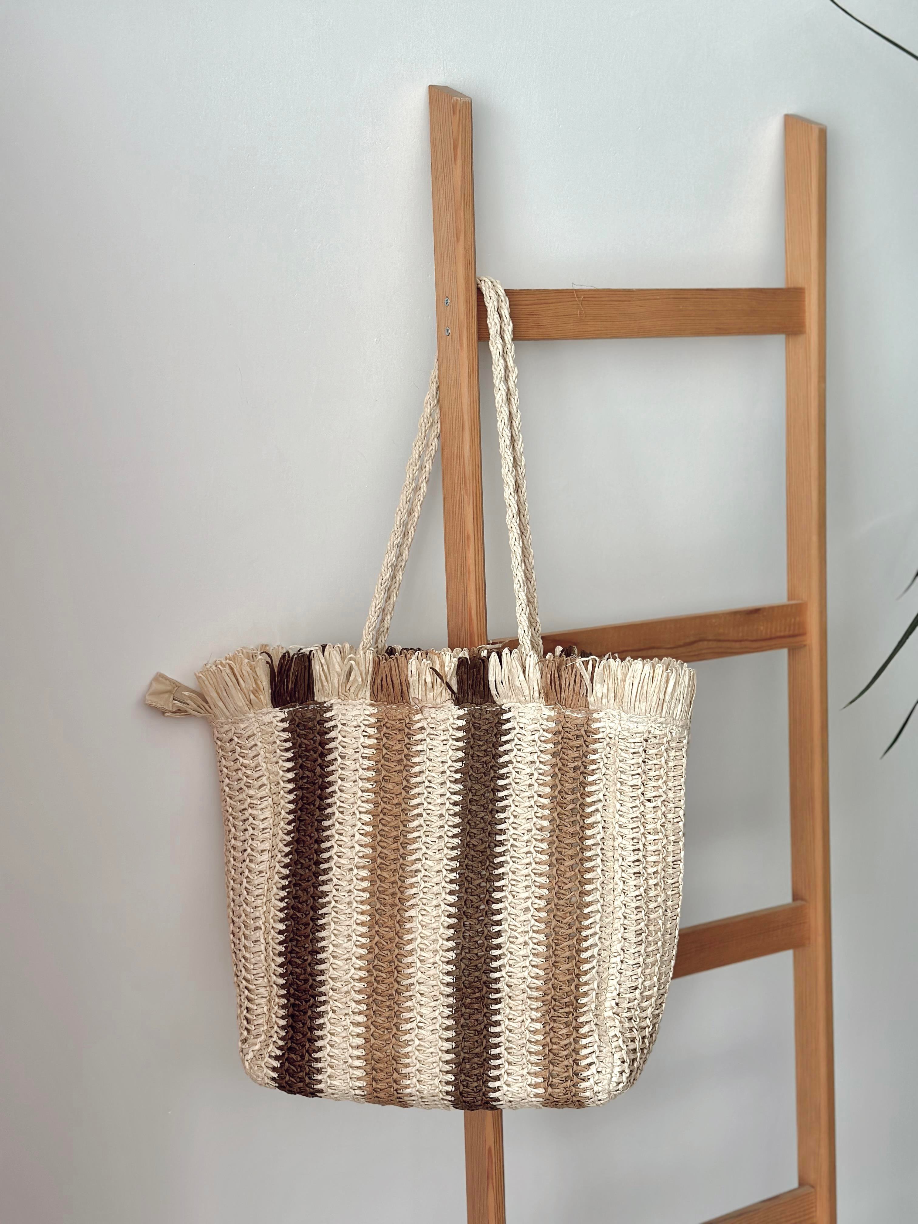 Astarlı Çizgili Hasır Kadın Çanta