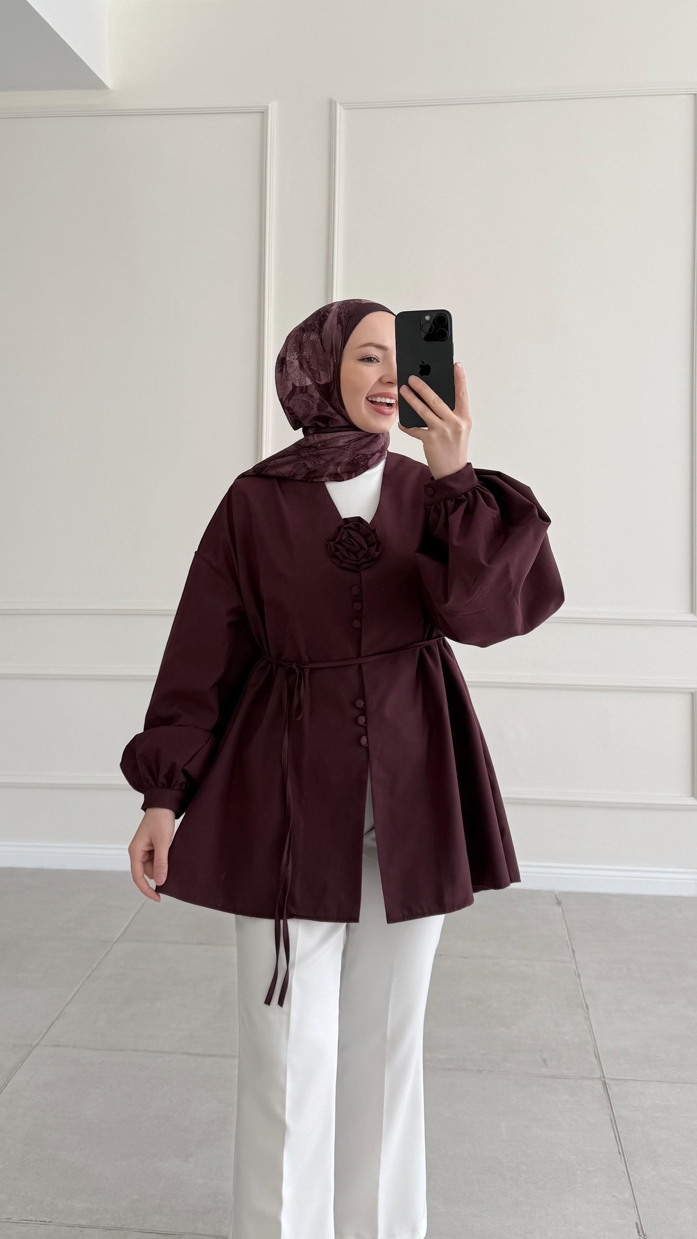 Asya Çiçek Detaylı Bordo Gömlek