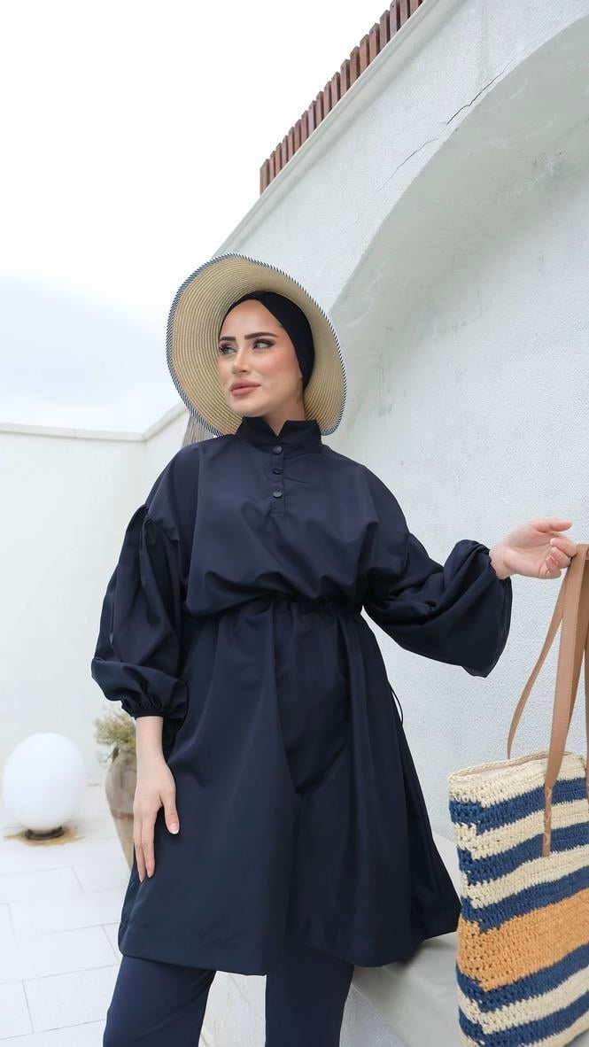 Balon Kol Bel Bağlamalı Çıtçıtlı Oversize Kesim Tesettür Lacivert Mayo