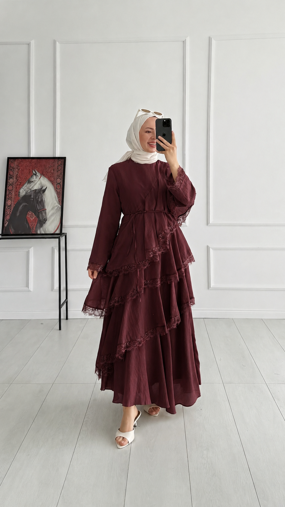Byel Kat Kat Dantel Tasarım Bordo Elbise