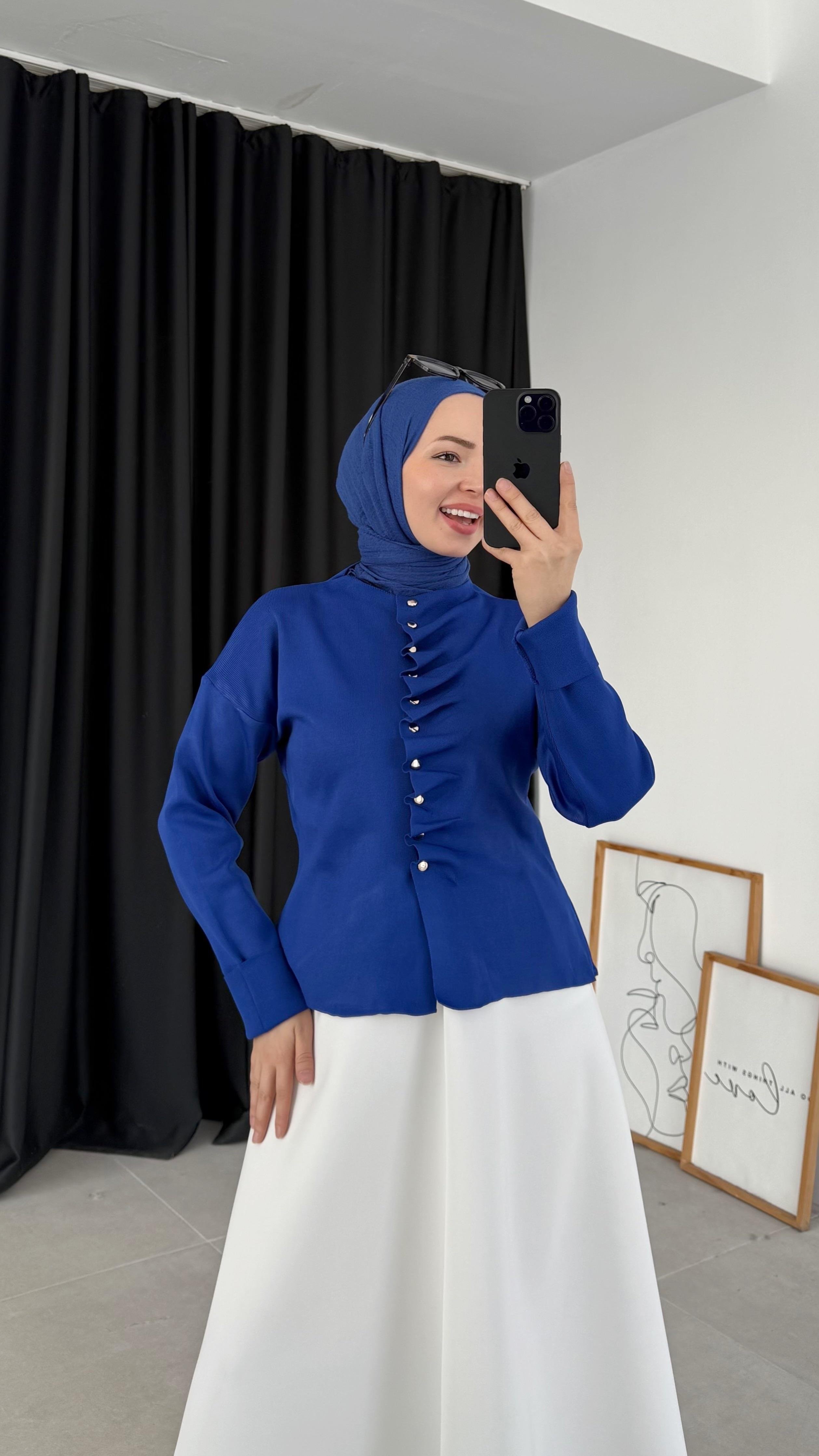 Çies Merserize Fırfırlı Saks Mavi Hırka