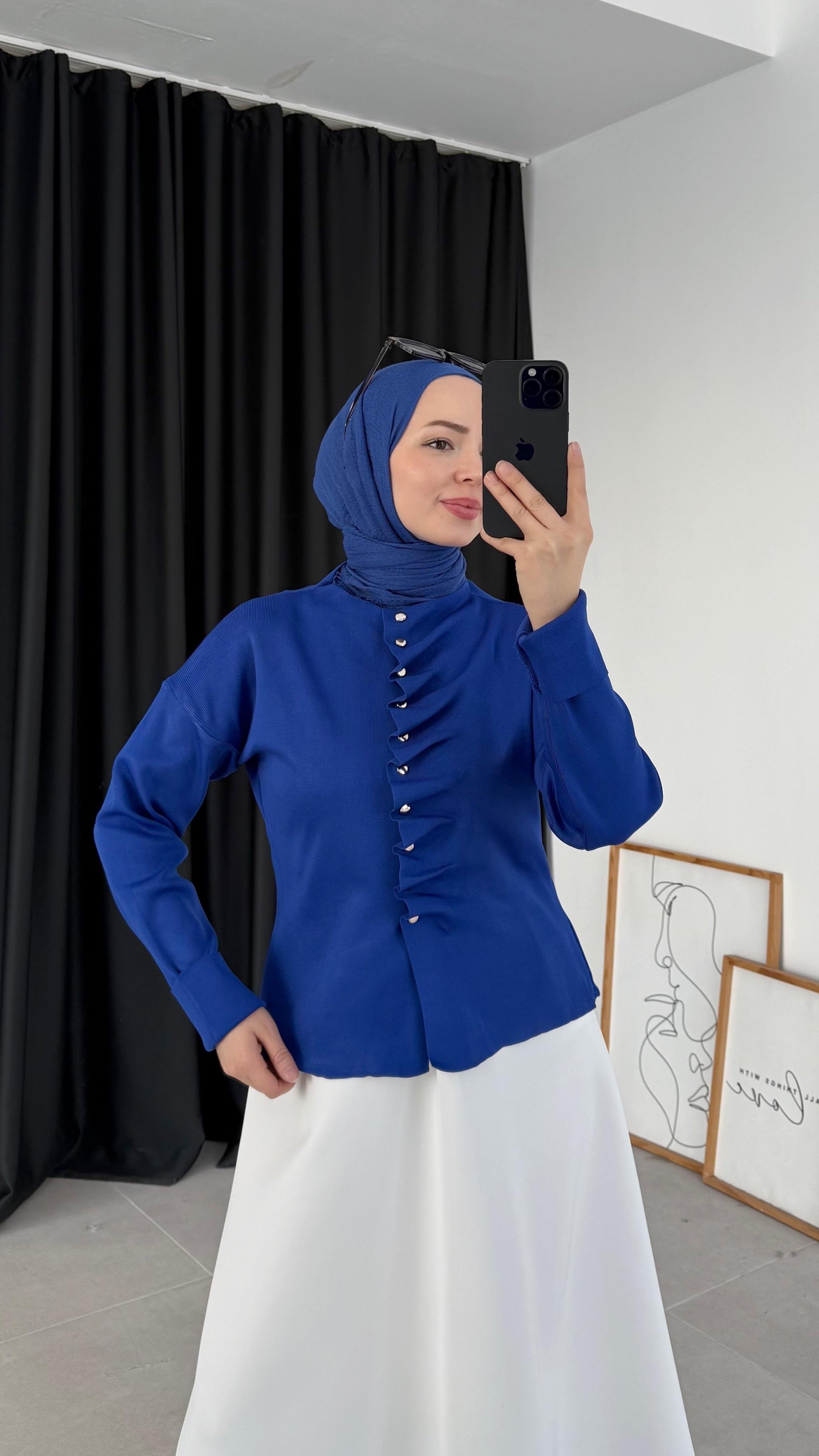 Çies Merserize Fırfırlı Saks Mavi Hırka