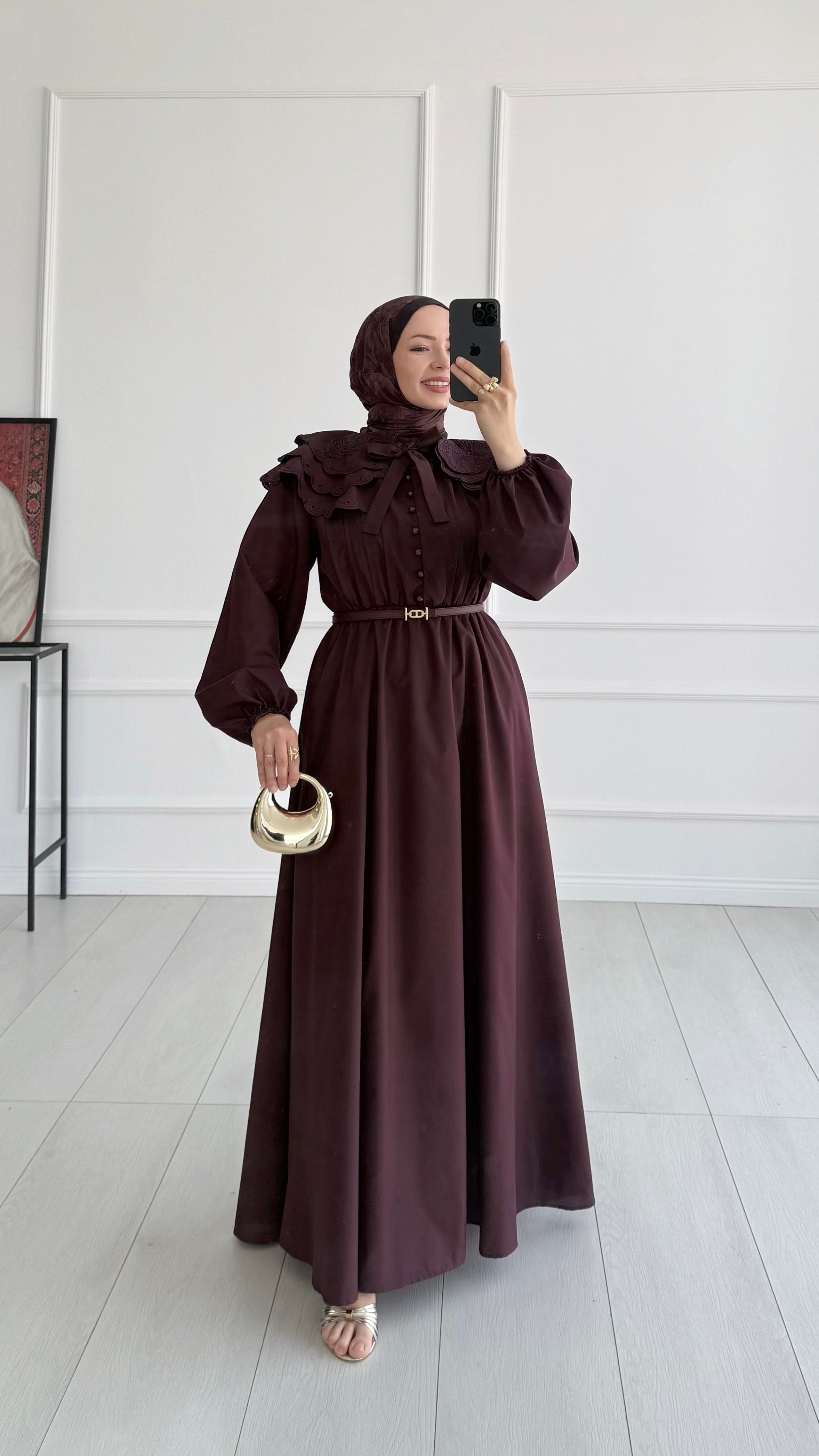 Dacron Yaka Nakışlı Premıum Bordo Elbise