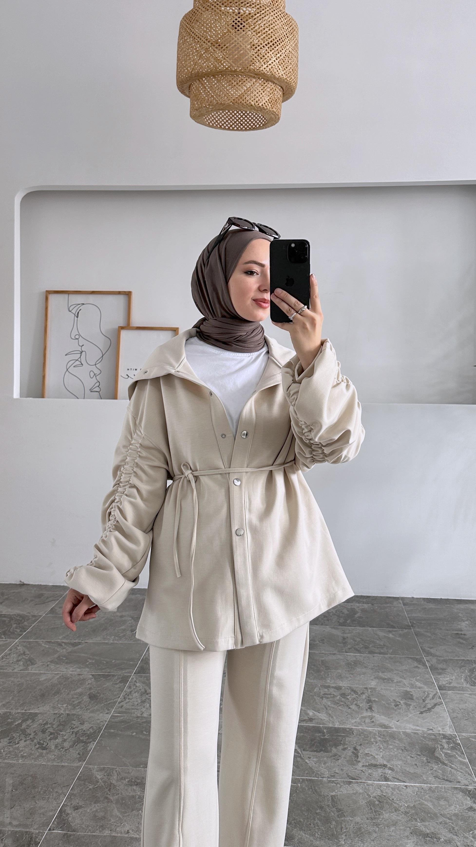 Dasayy Drape Kollu Scuba Krem Takım