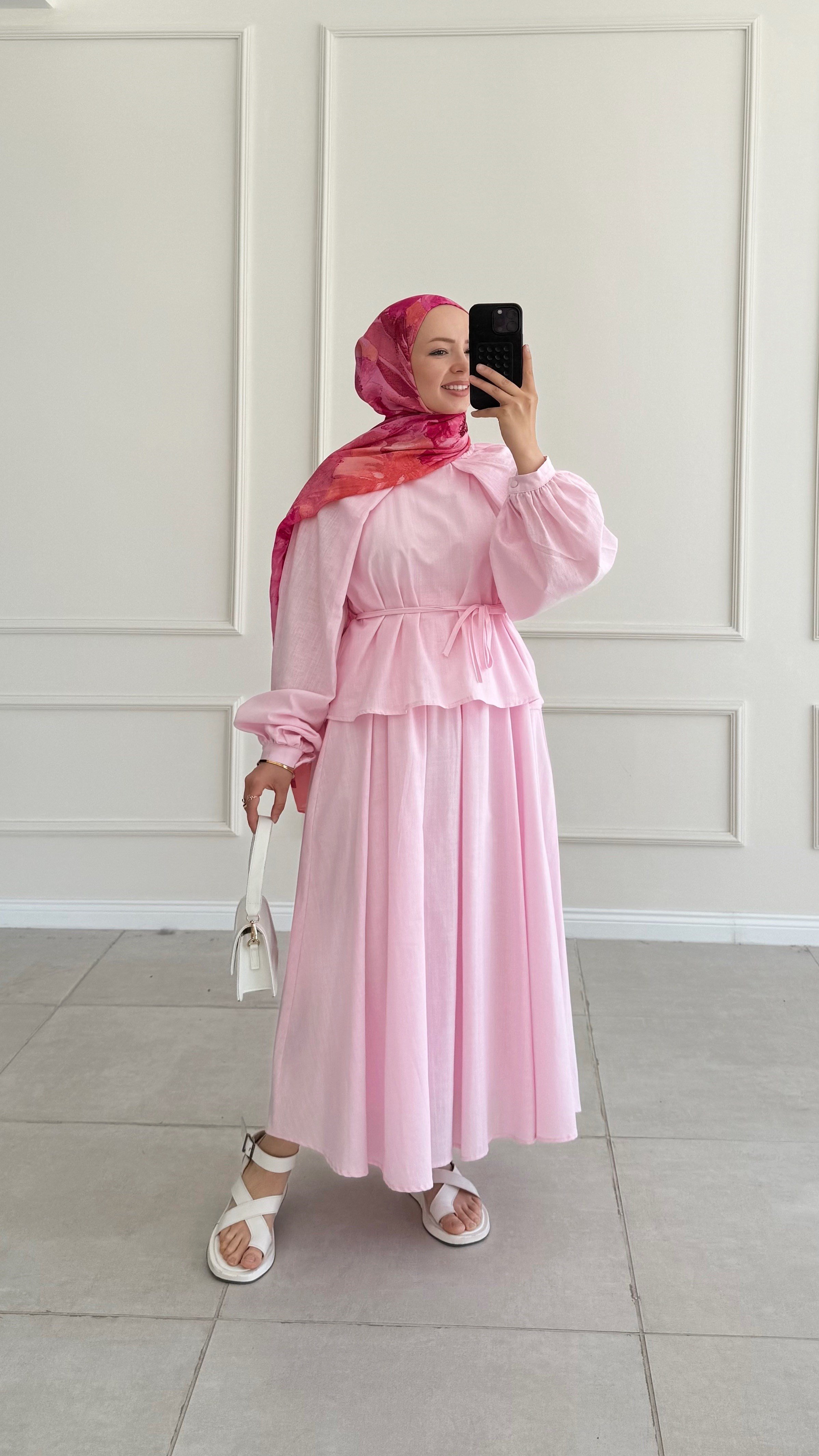 Dina Kol Detaylı Keten Pembe Takım  