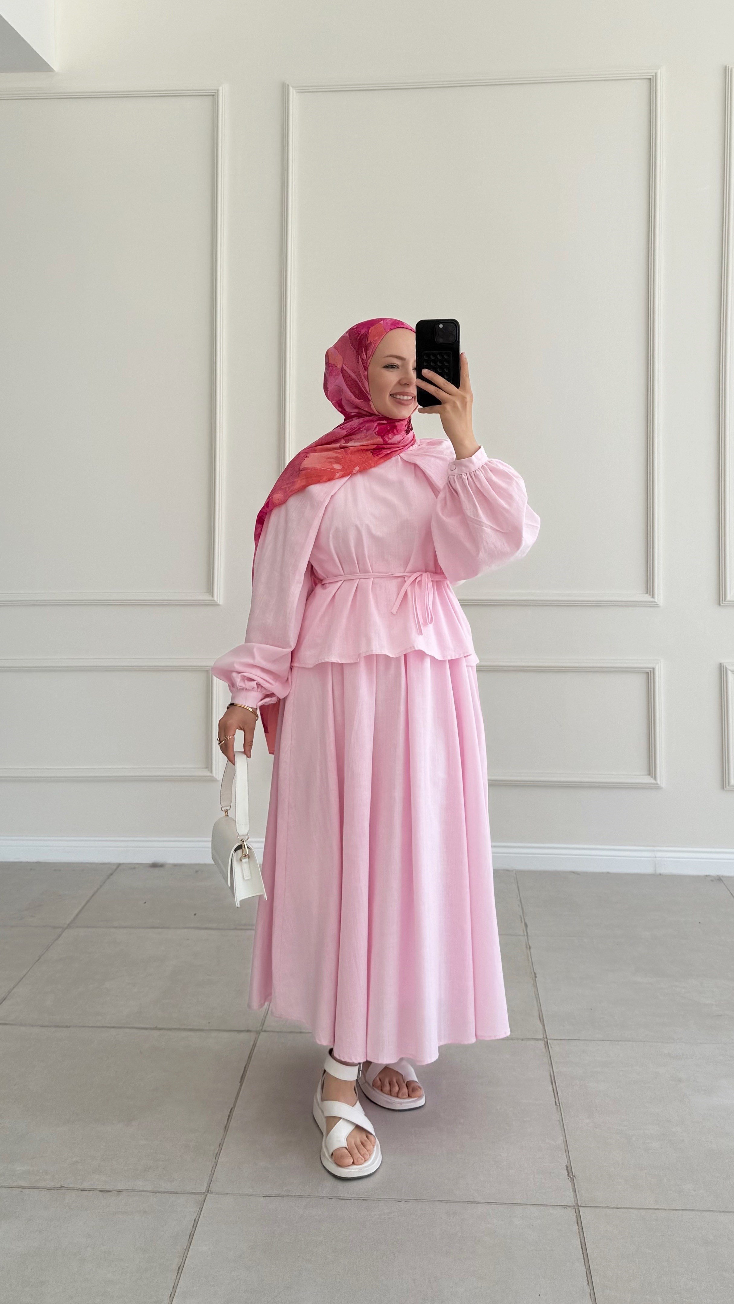 Dina Kol Detaylı Keten Pembe Takım  