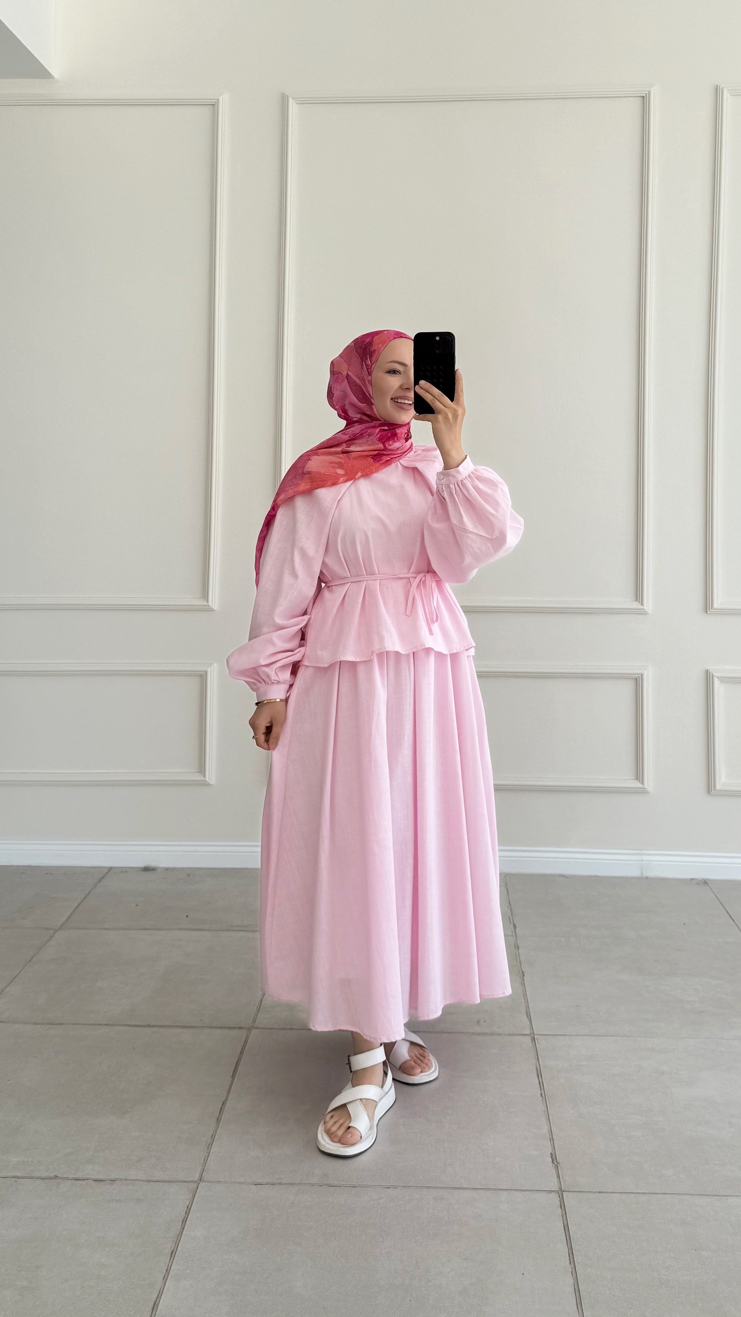 Dina Kol Detaylı Keten Pembe Takım  