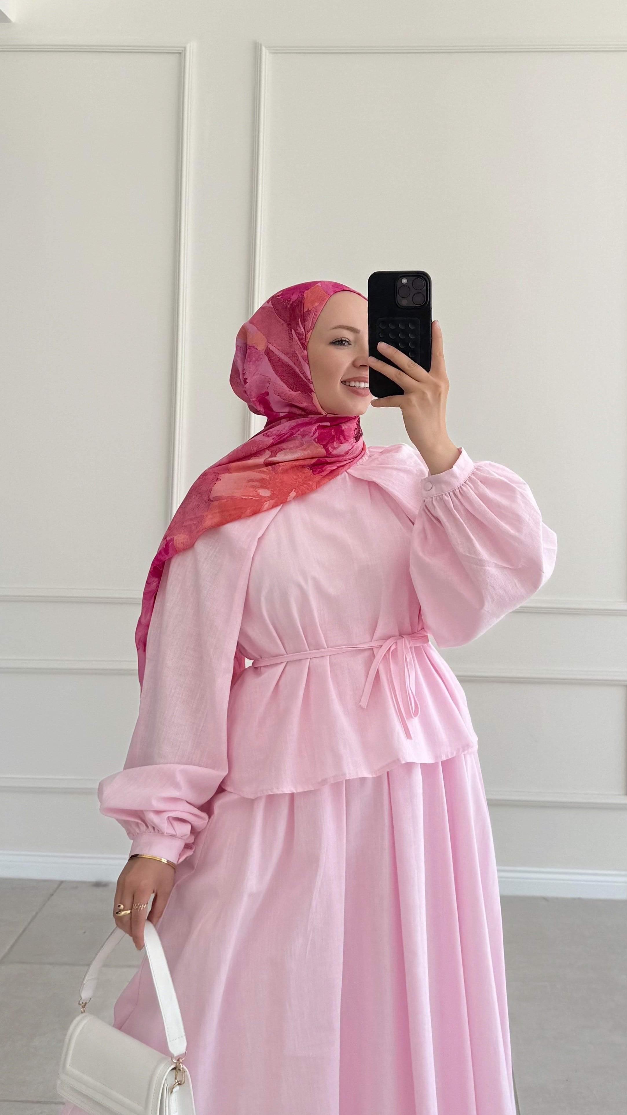 Dina Kol Detaylı Keten Pembe Takım  