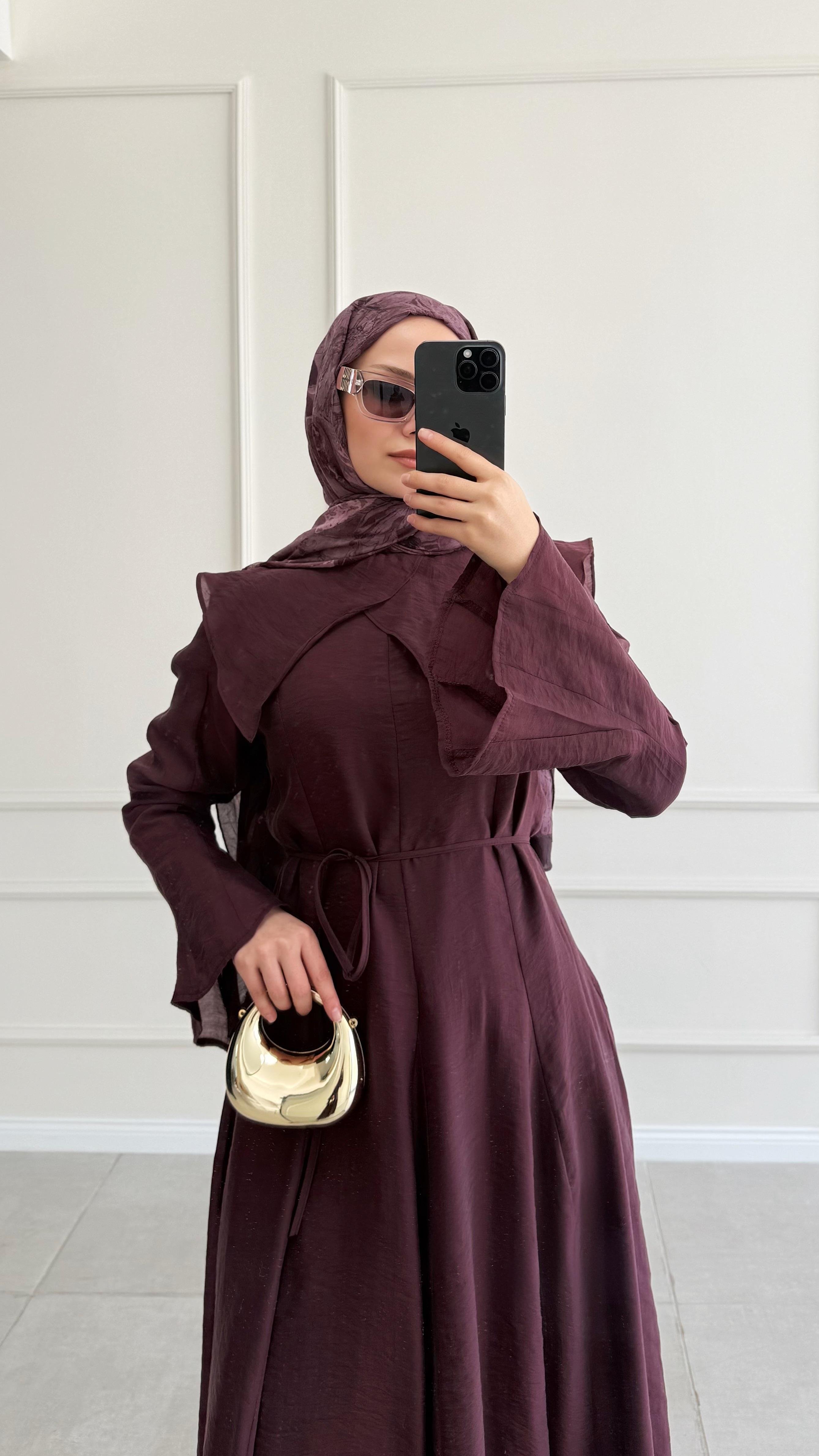 Edol Yaka Tasarım Bordo Elbise 