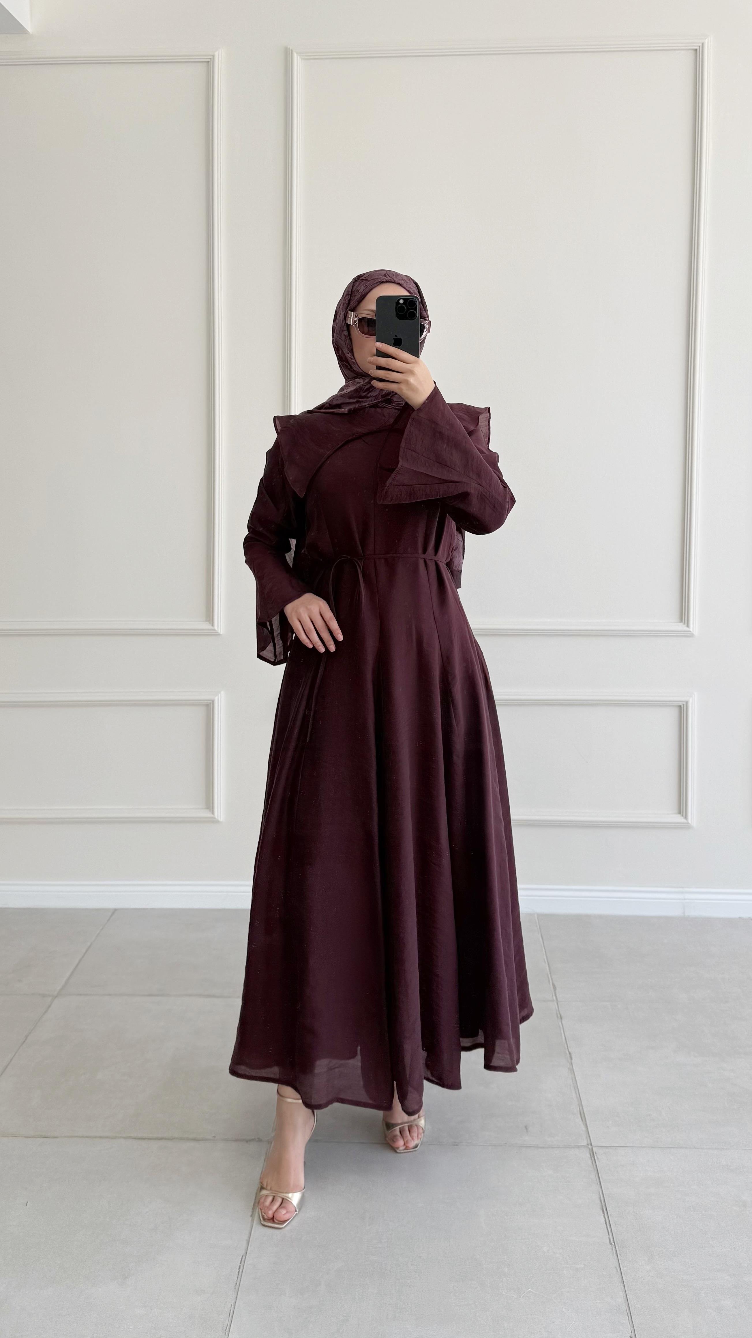 Edol Yaka Tasarım Bordo Elbise 