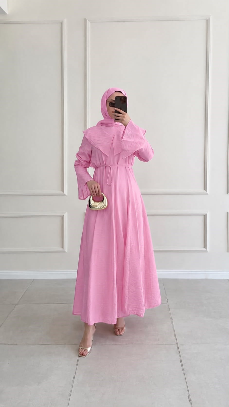 Edol Yaka Tasarım Pembe Elbise 