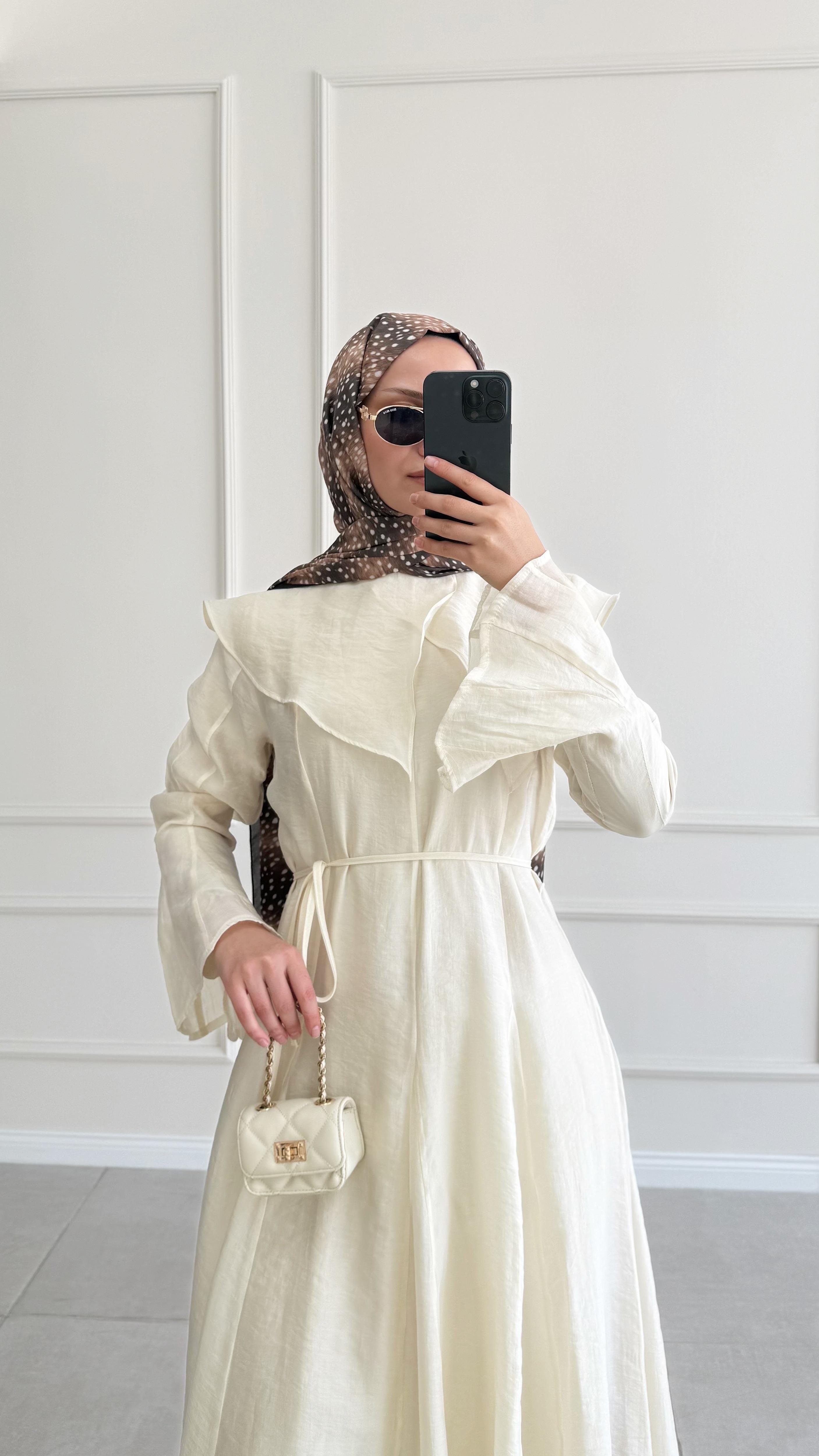 Edol Yaka Tasarım Soft Sarı Elbise 