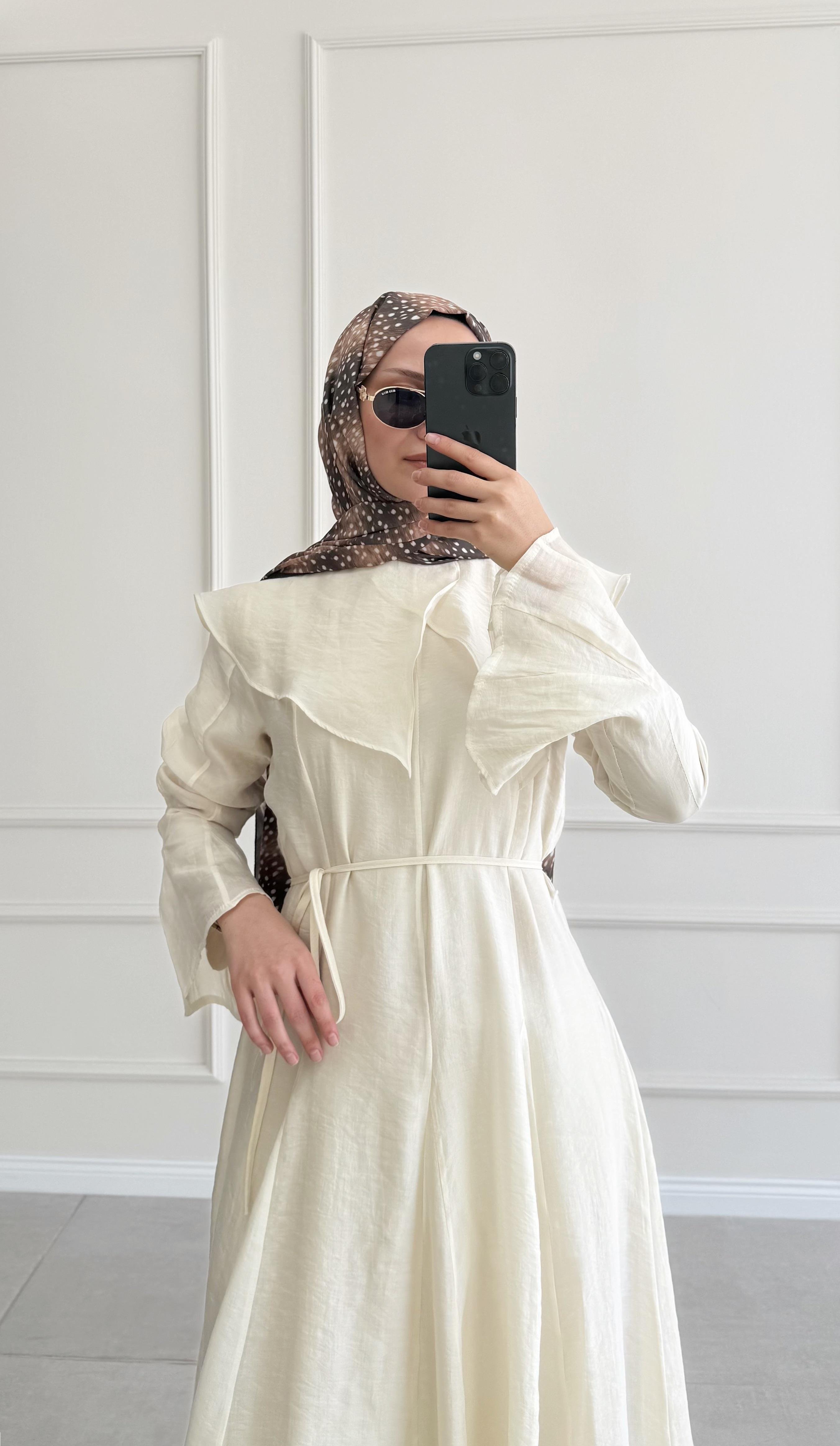 Edol Yaka Tasarım Soft Sarı Elbise 