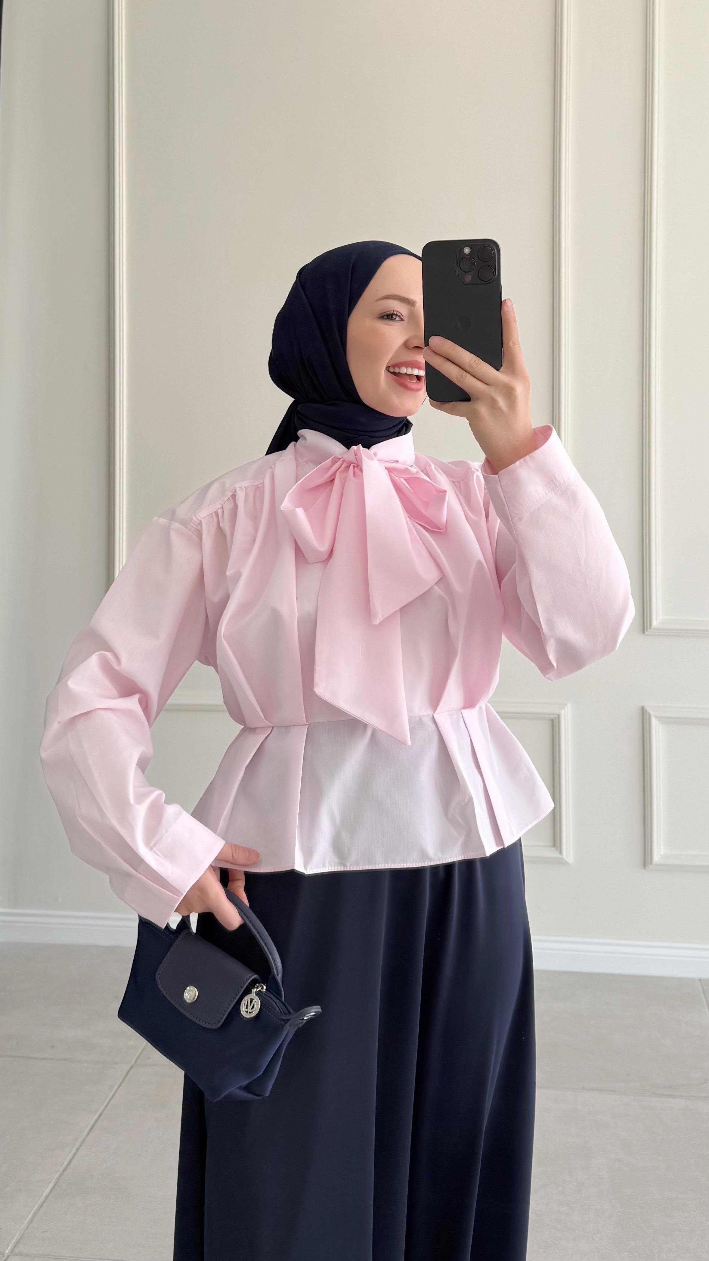 Fashi Bağlamalı Kısa Pembe Gömlek