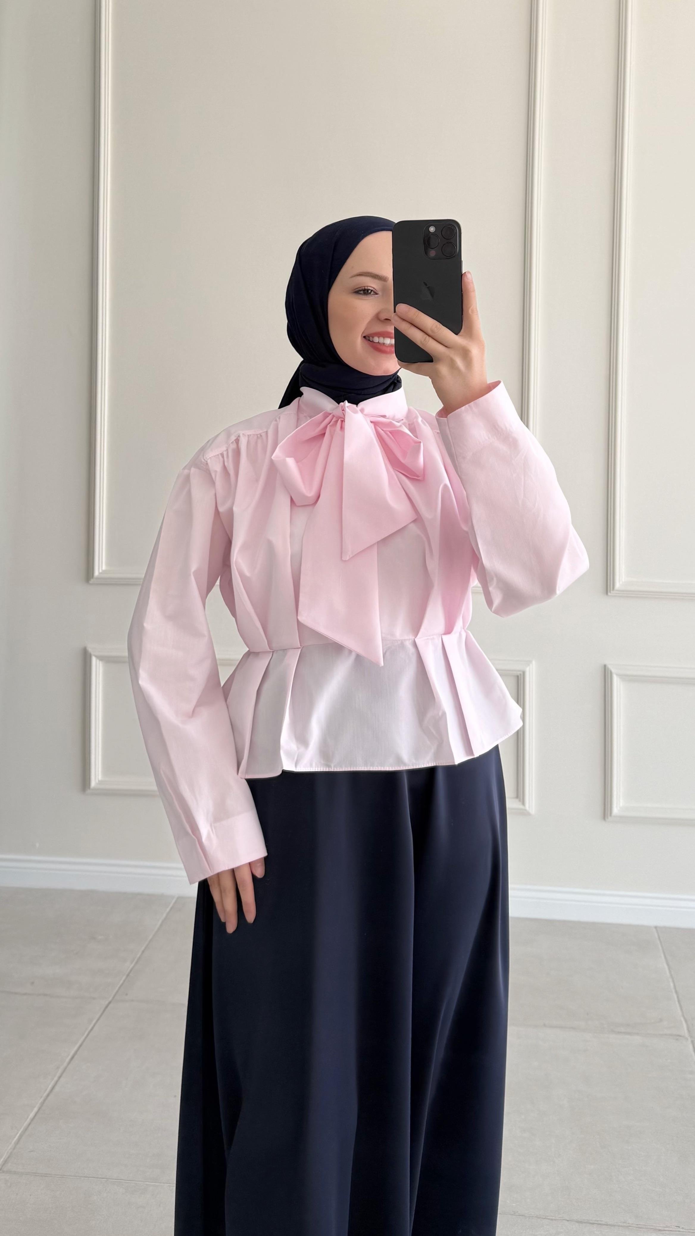 Fashi Bağlamalı Kısa Pembe Gömlek