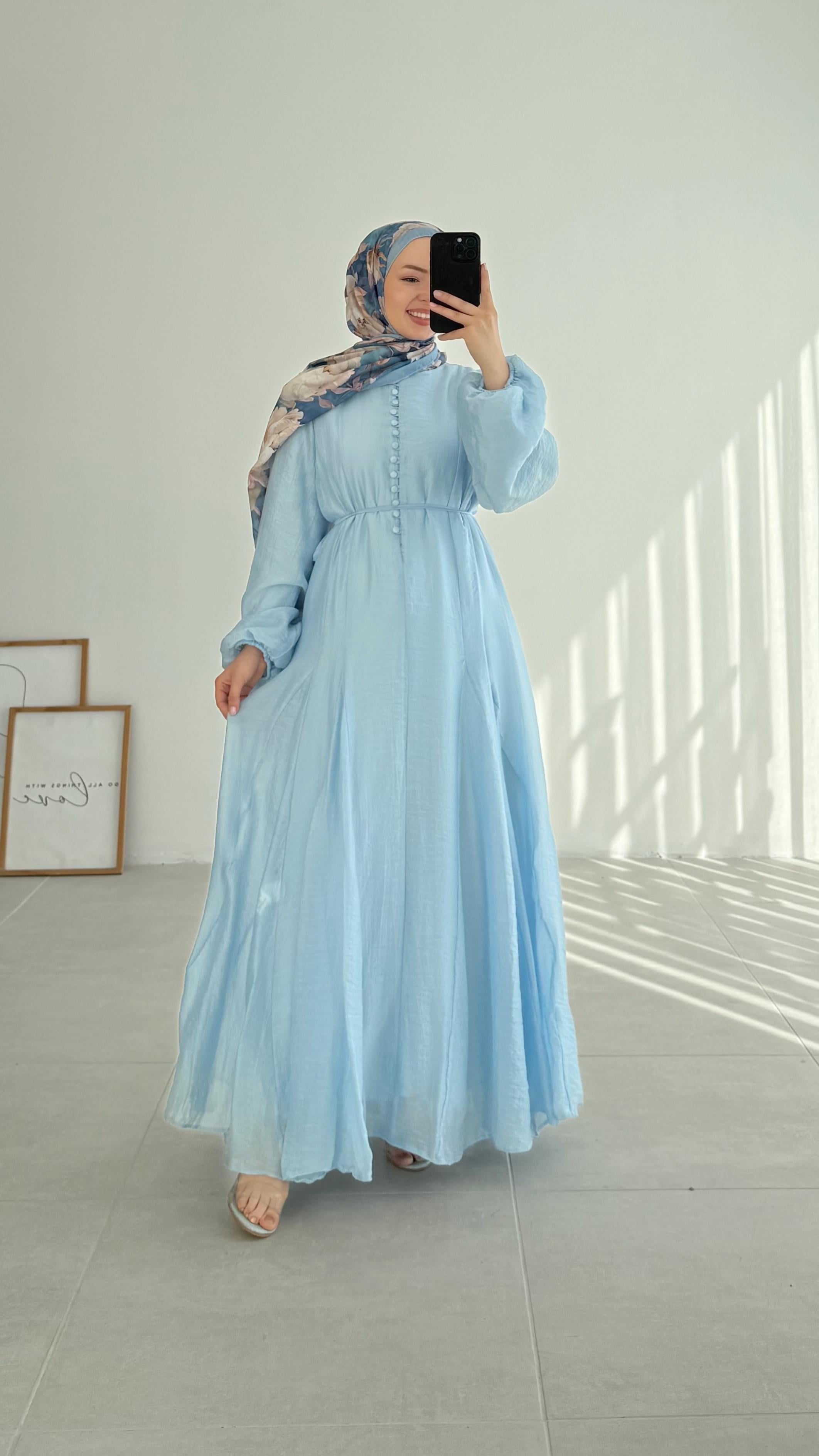 Fusha Brit Düğmeli Şifon Mavi Elbise