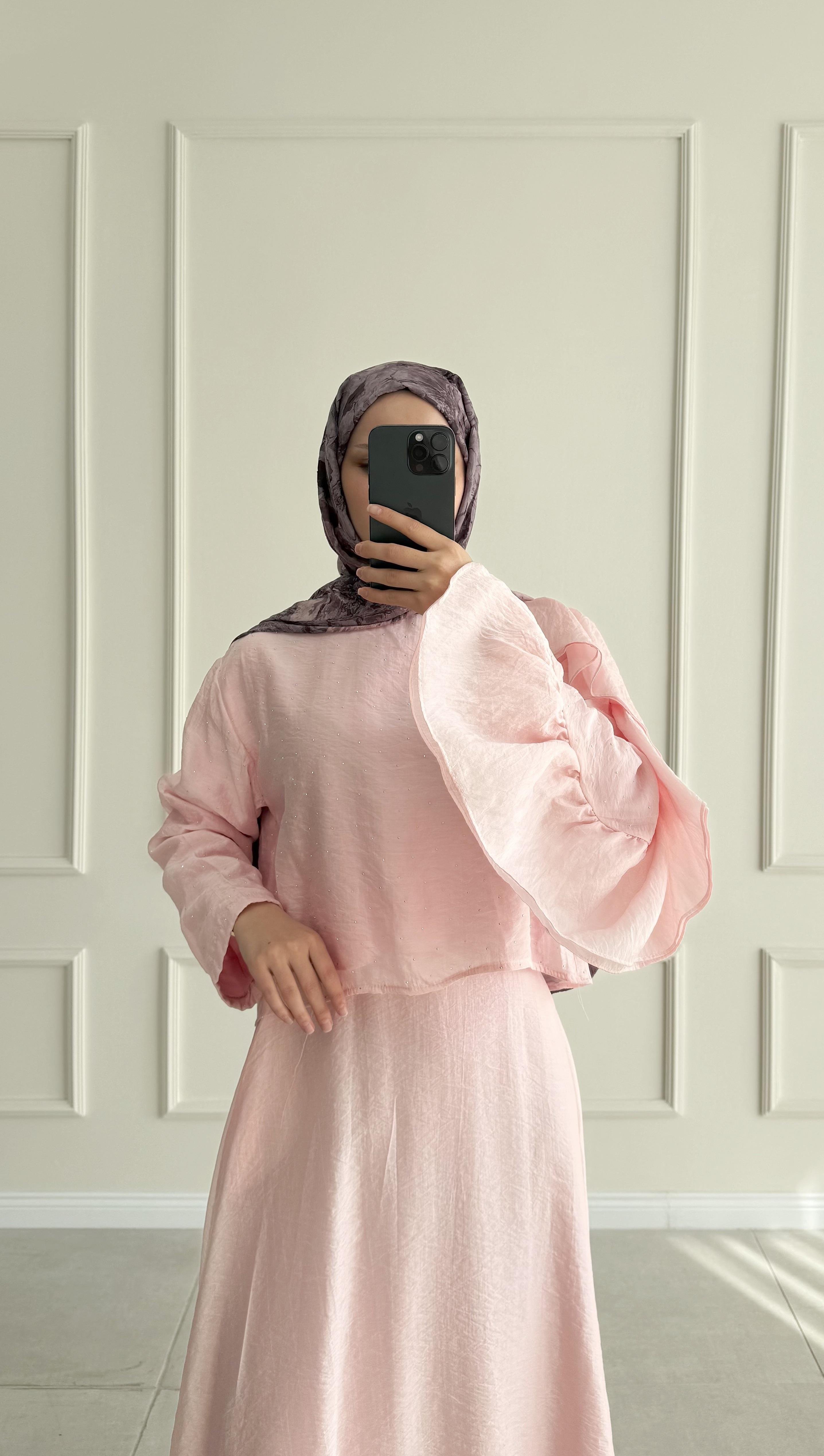 Harmy Taş Baskılı Kol Tasarımlı Pembe Takım