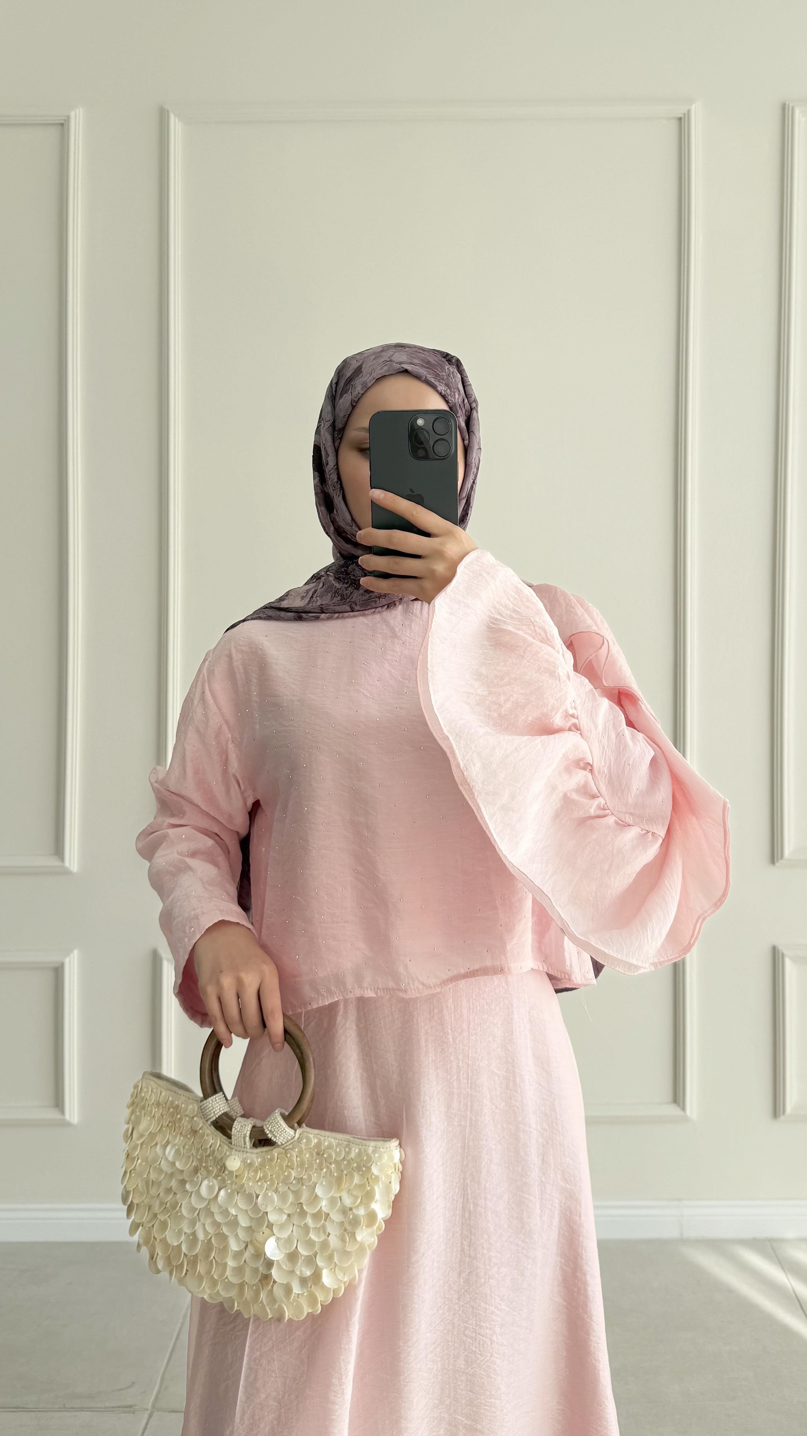 Harmy Taş Baskılı Kol Tasarımlı Pembe Takım