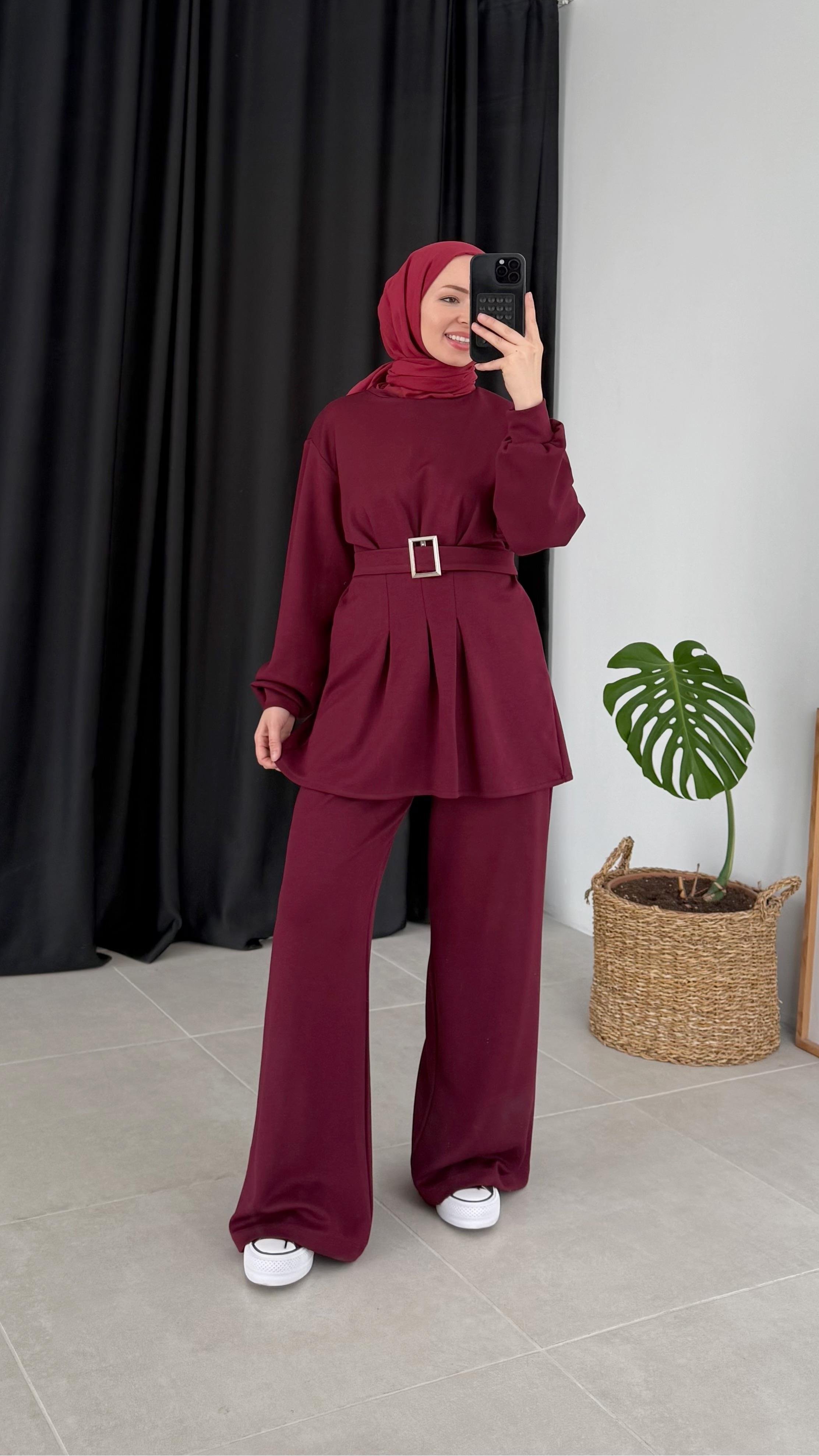 Holon Kuşaklı Pileli Oysho Bordo Takım