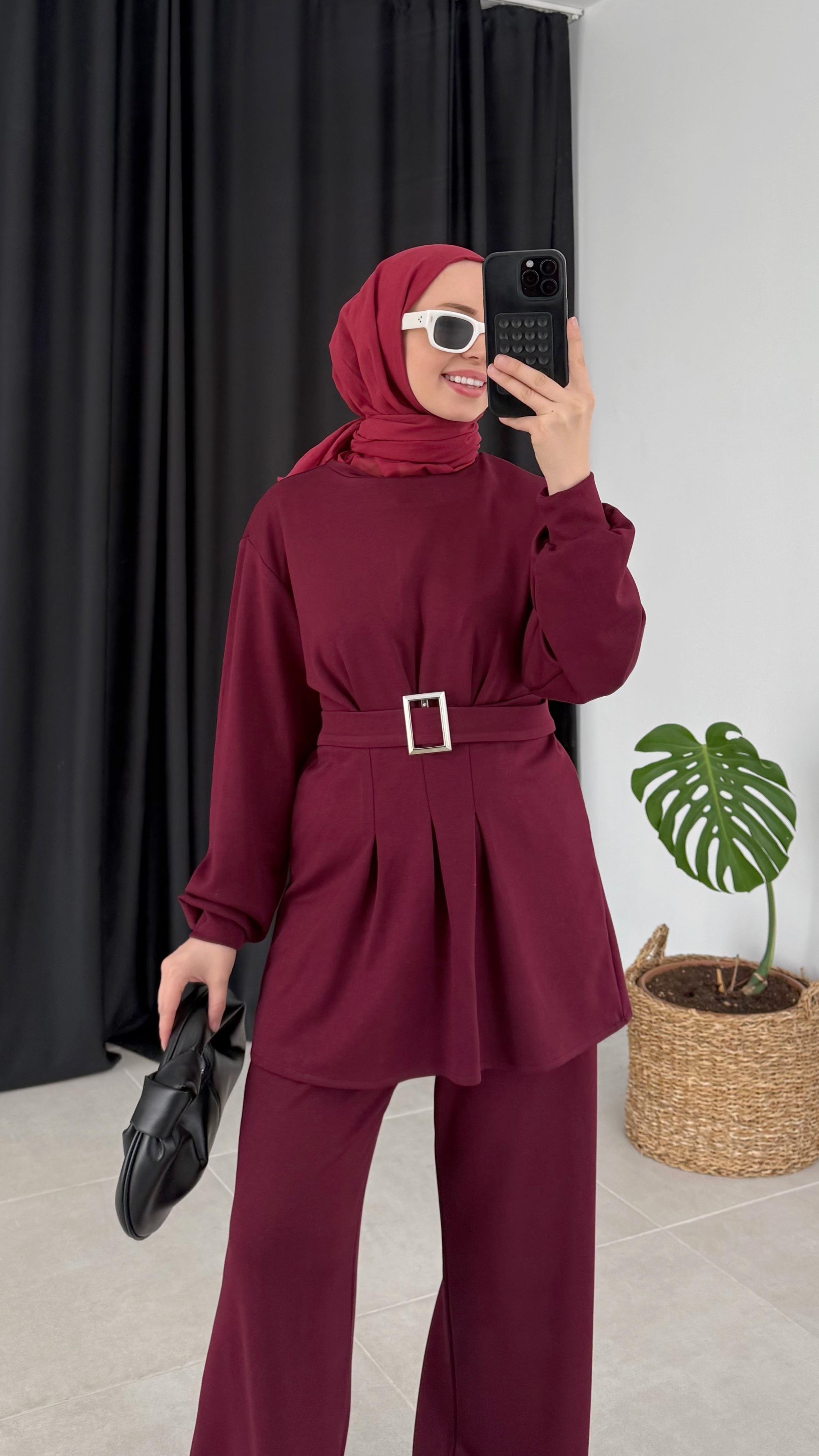 Holon Kuşaklı Pileli Oysho Bordo Takım