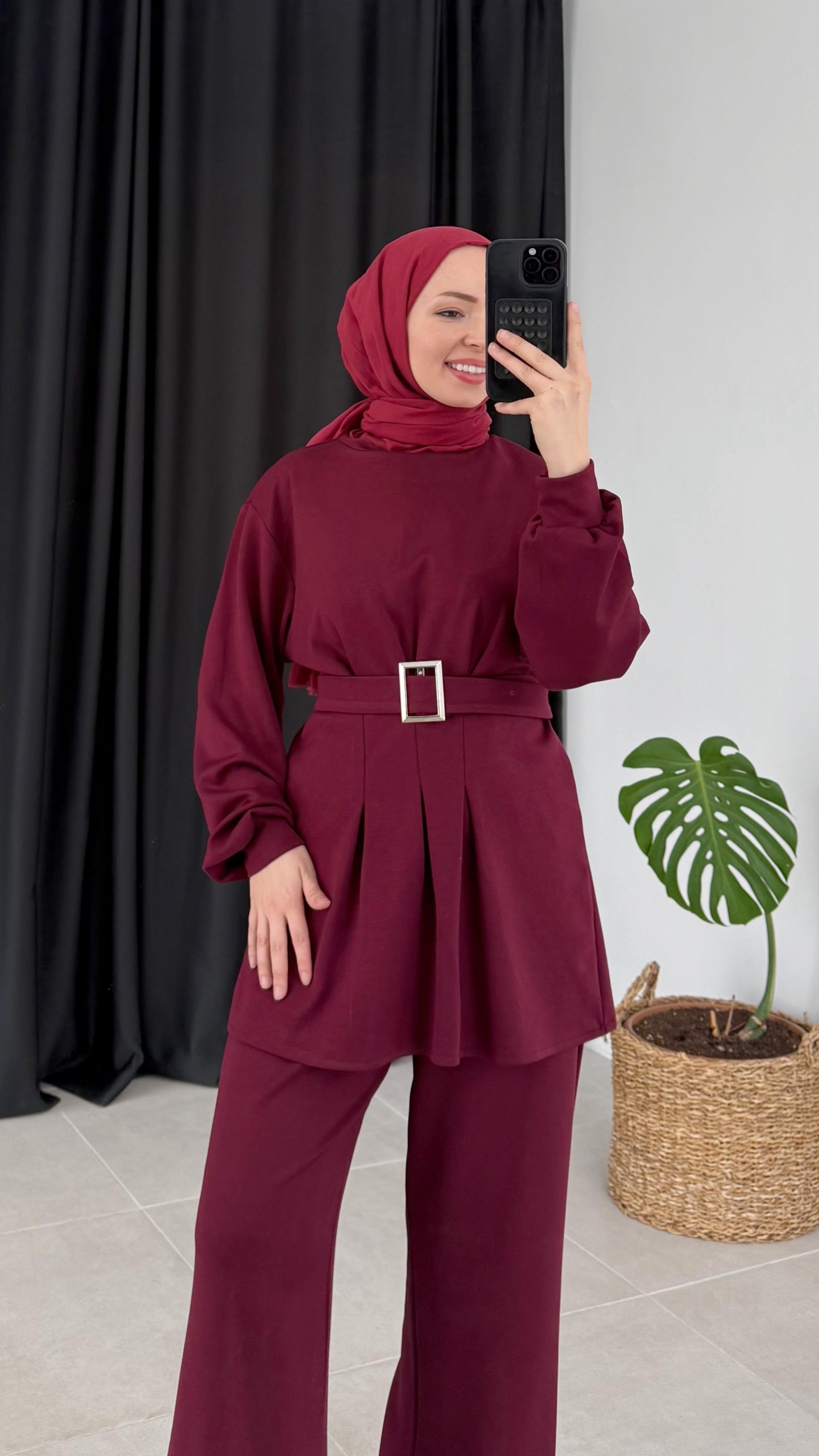 Holon Kuşaklı Pileli Oysho Bordo Takım