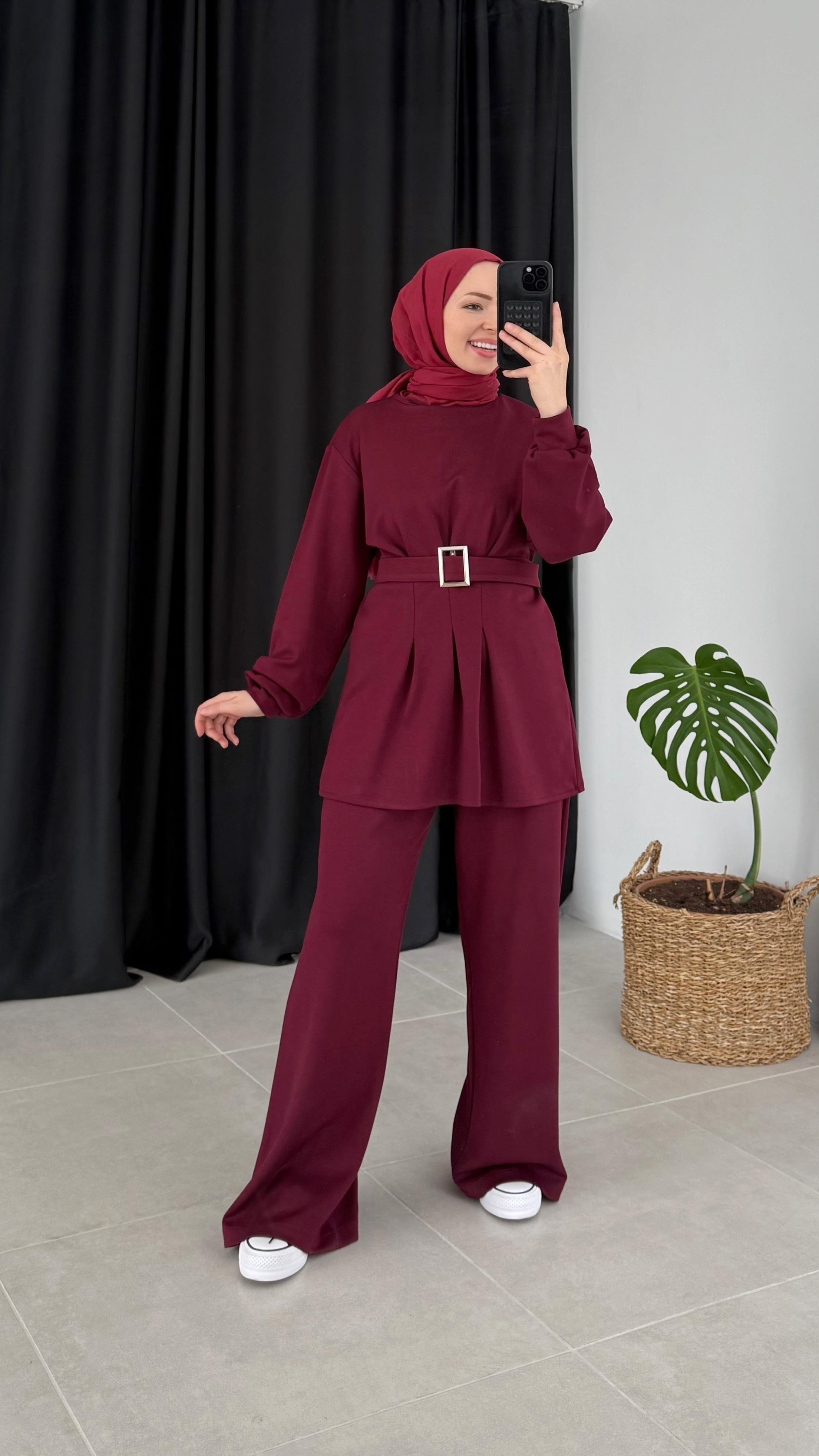 Holon Kuşaklı Pileli Oysho Bordo Takım