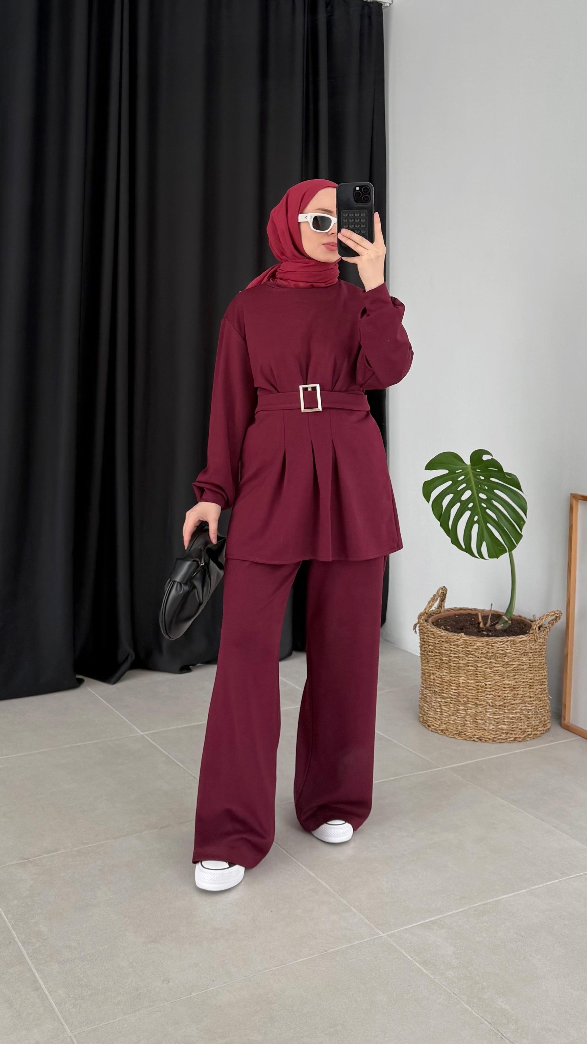 Holon Kuşaklı Pileli Oysho Bordo Takım