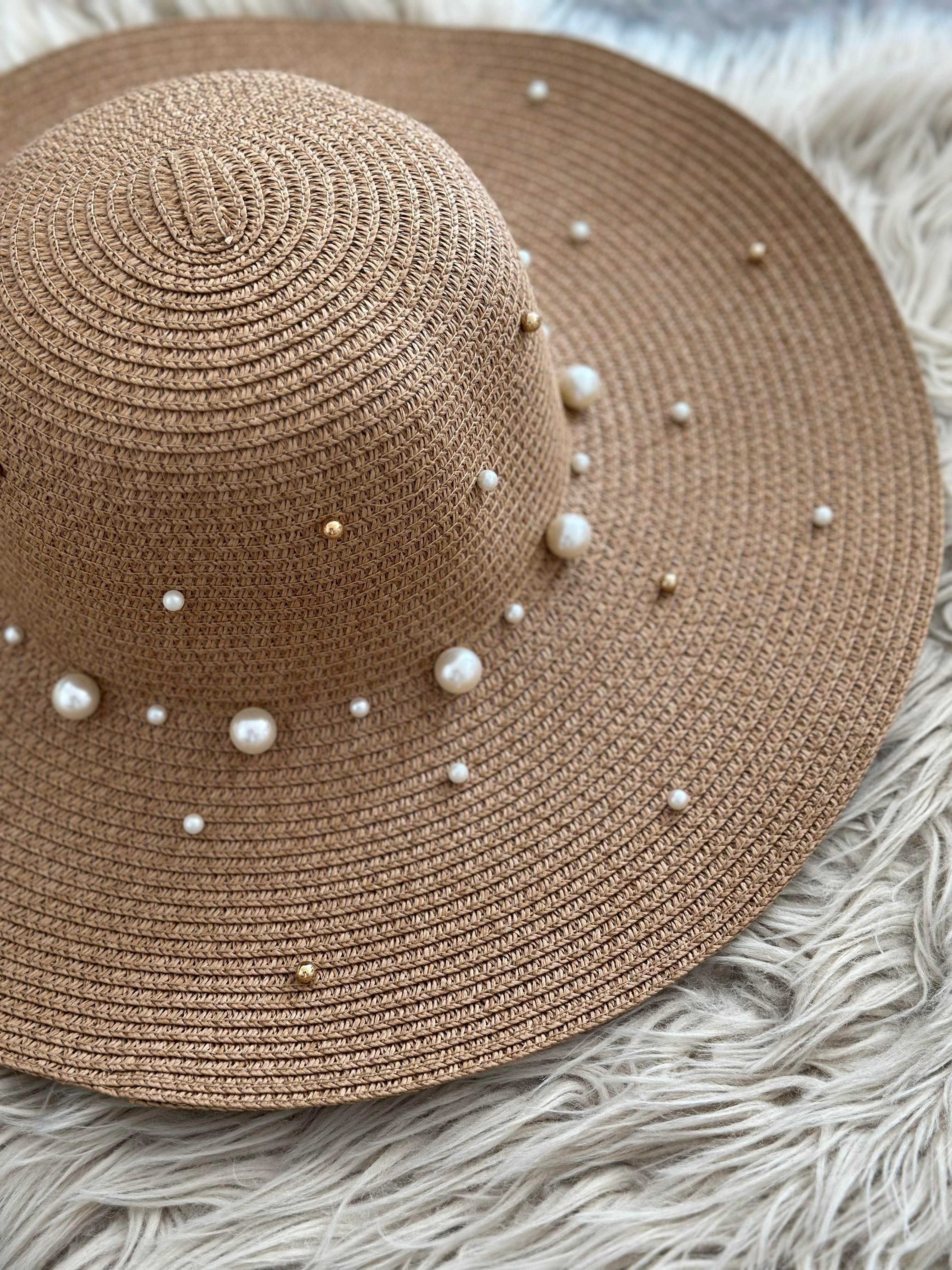 İncili Hasır Bej Şapka