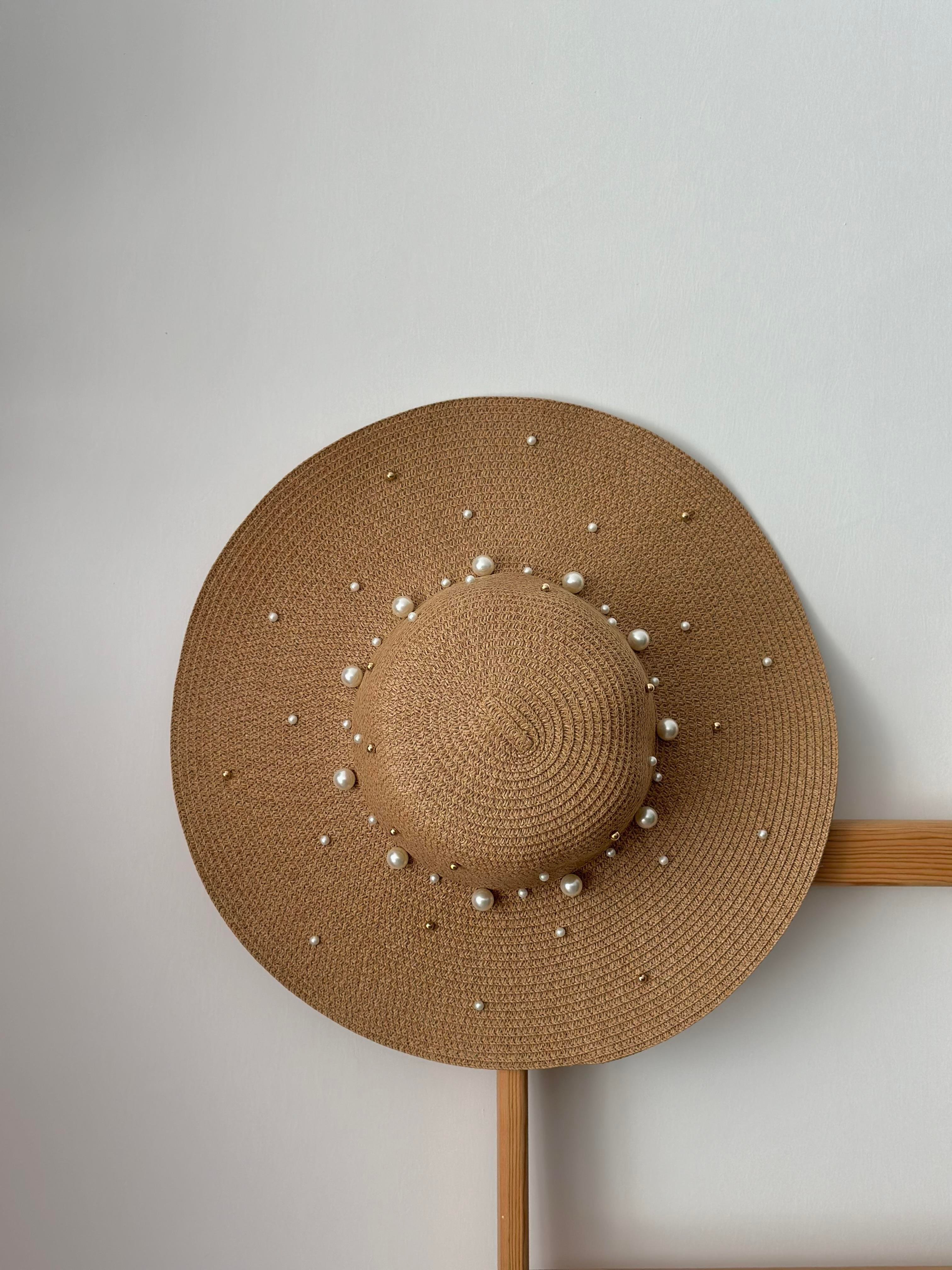 İncili Hasır Bej Şapka