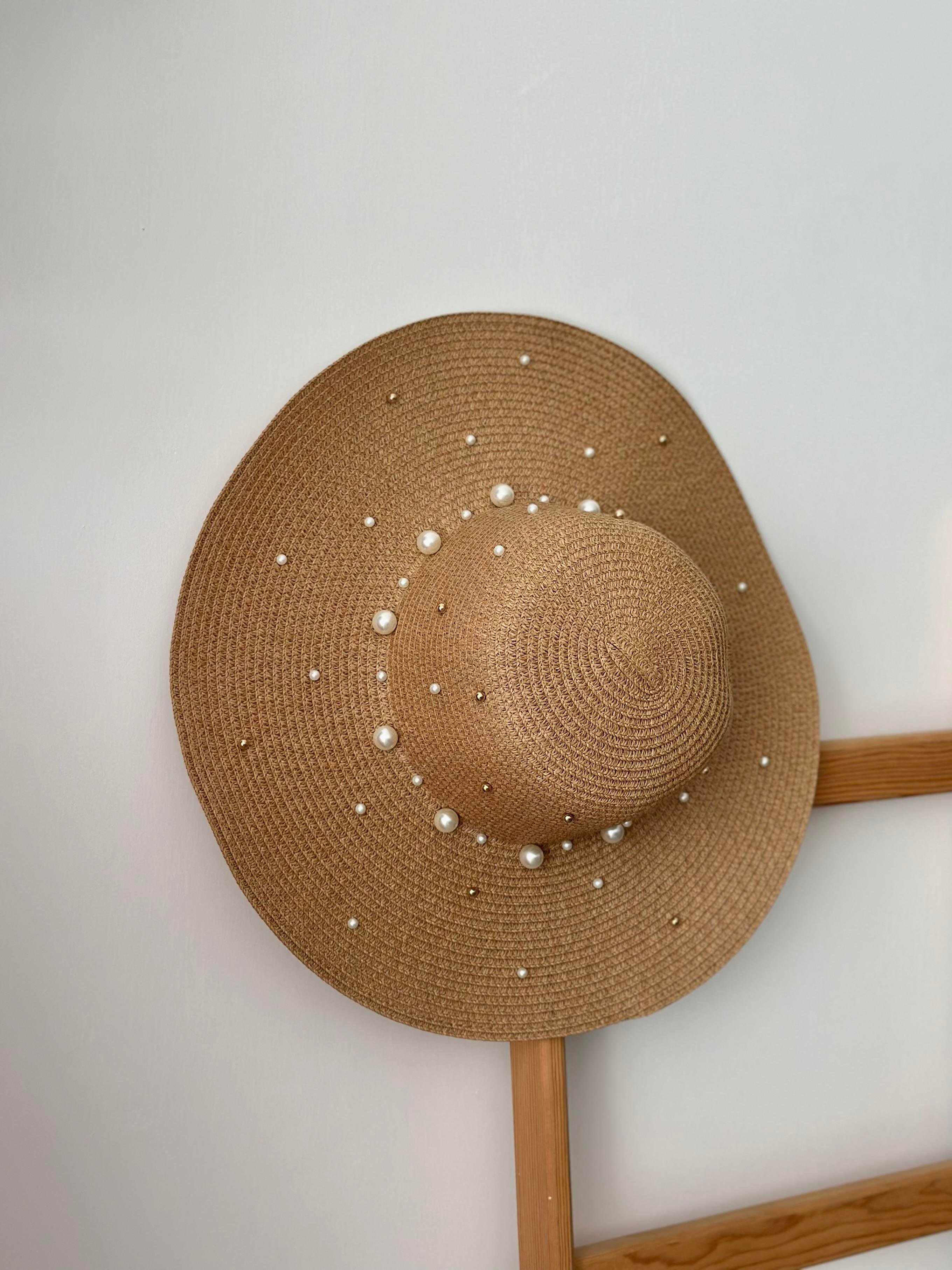 İncili Hasır Bej Şapka