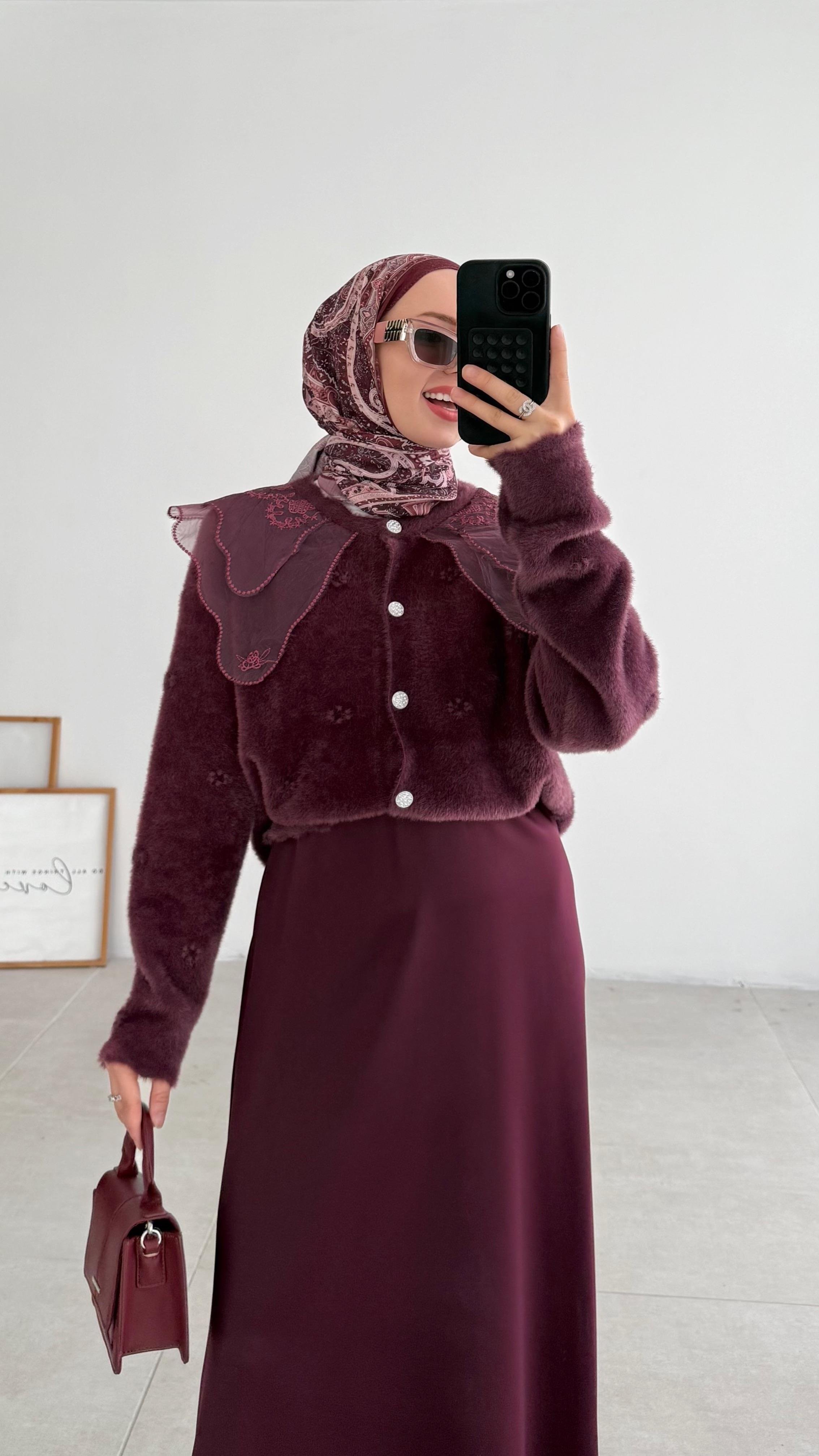 Kaley Bebe Yaka Mürdüm Hırka 