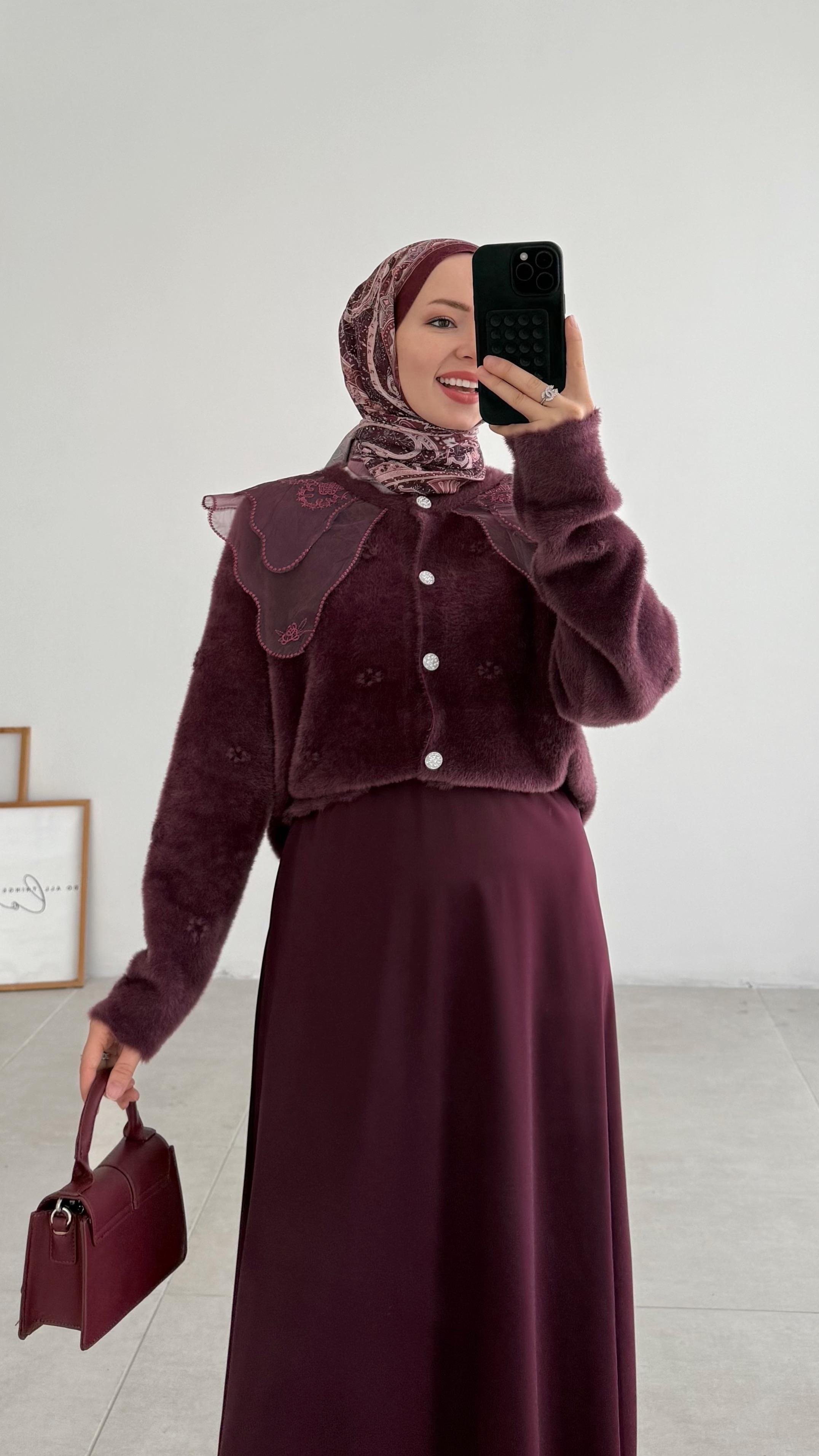 Kaley Bebe Yaka Mürdüm Hırka 