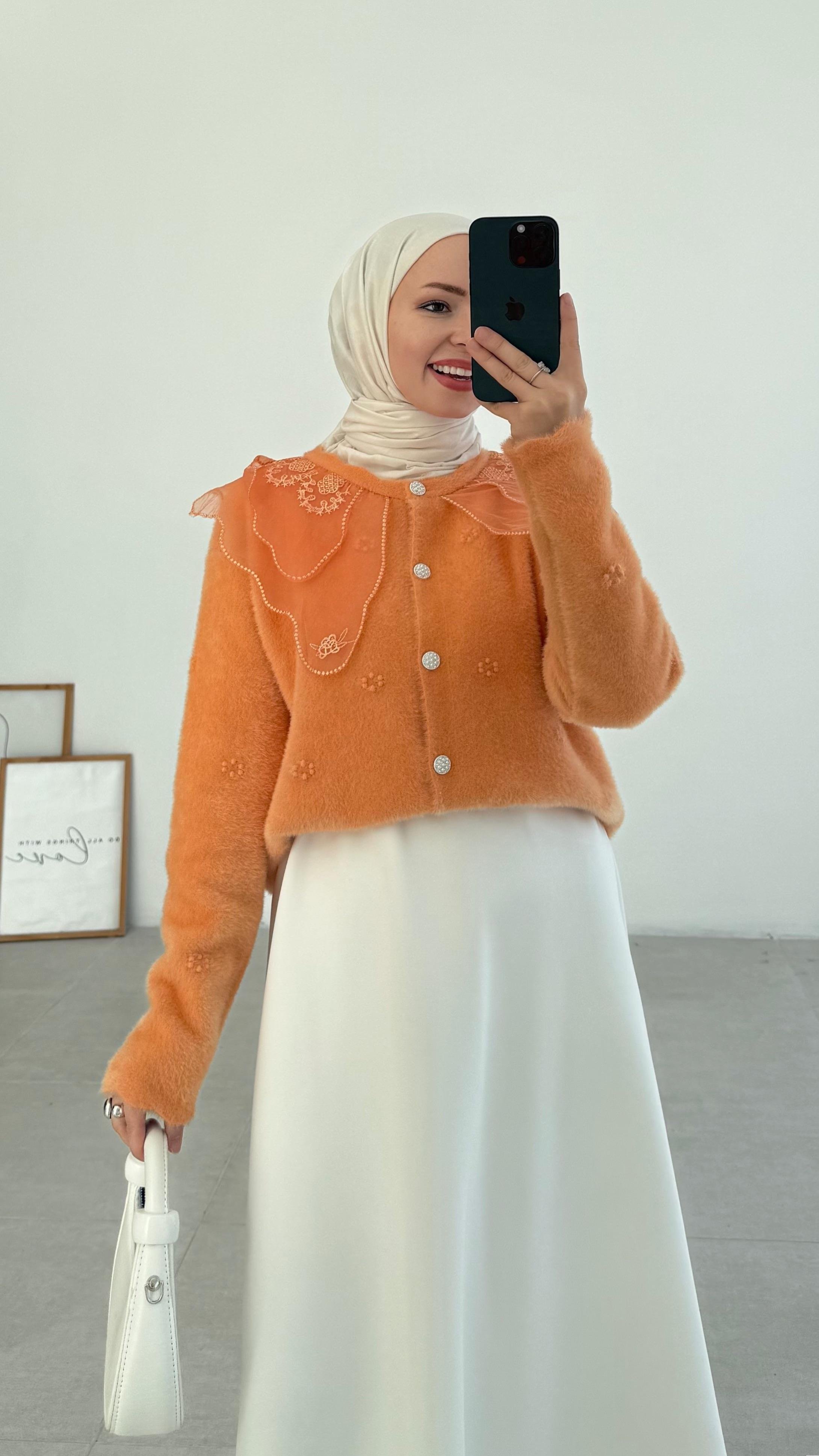 Kaley Bebe Yaka Turuncu Hırka 