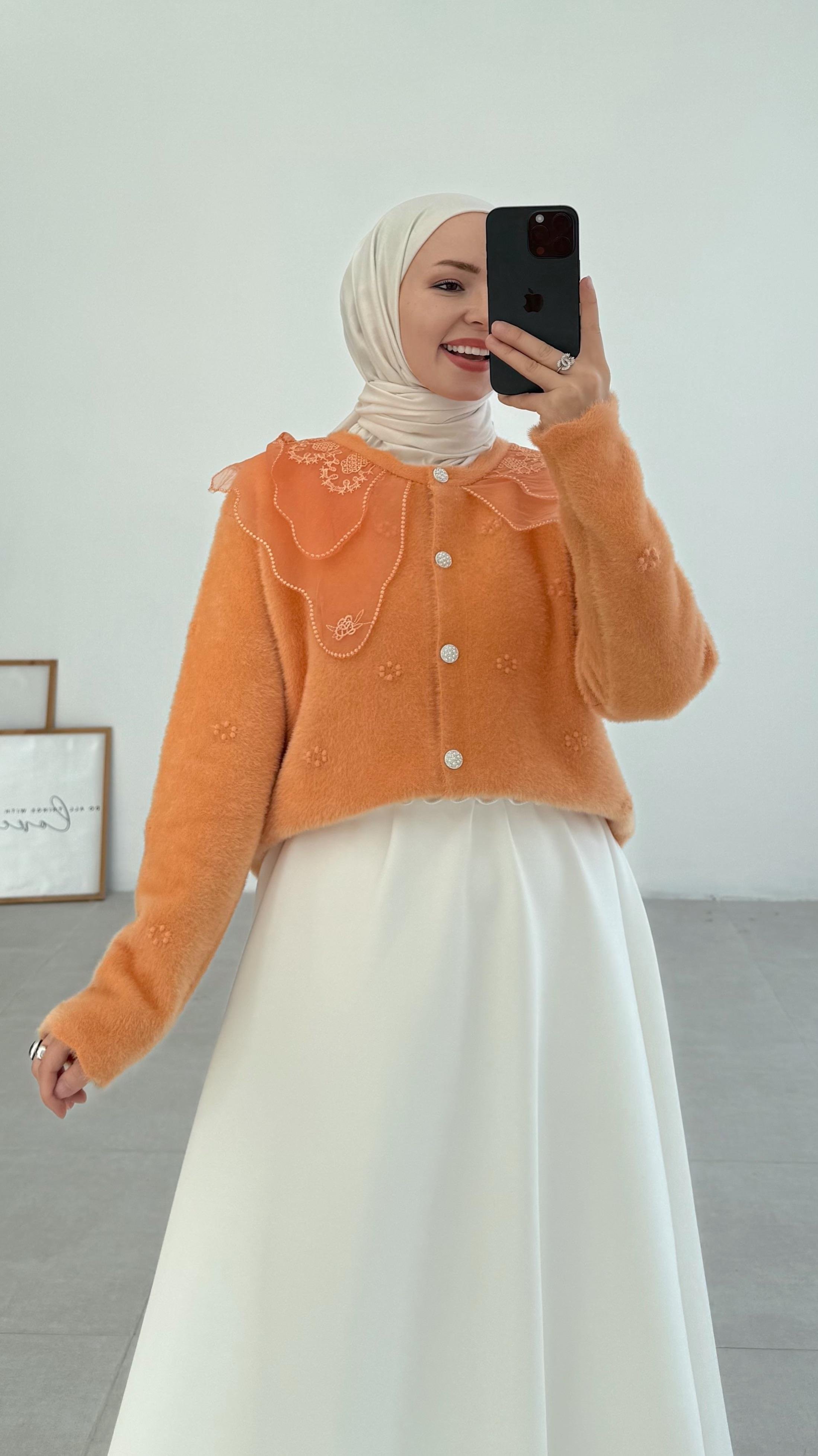 Kaley Bebe Yaka Turuncu Hırka 