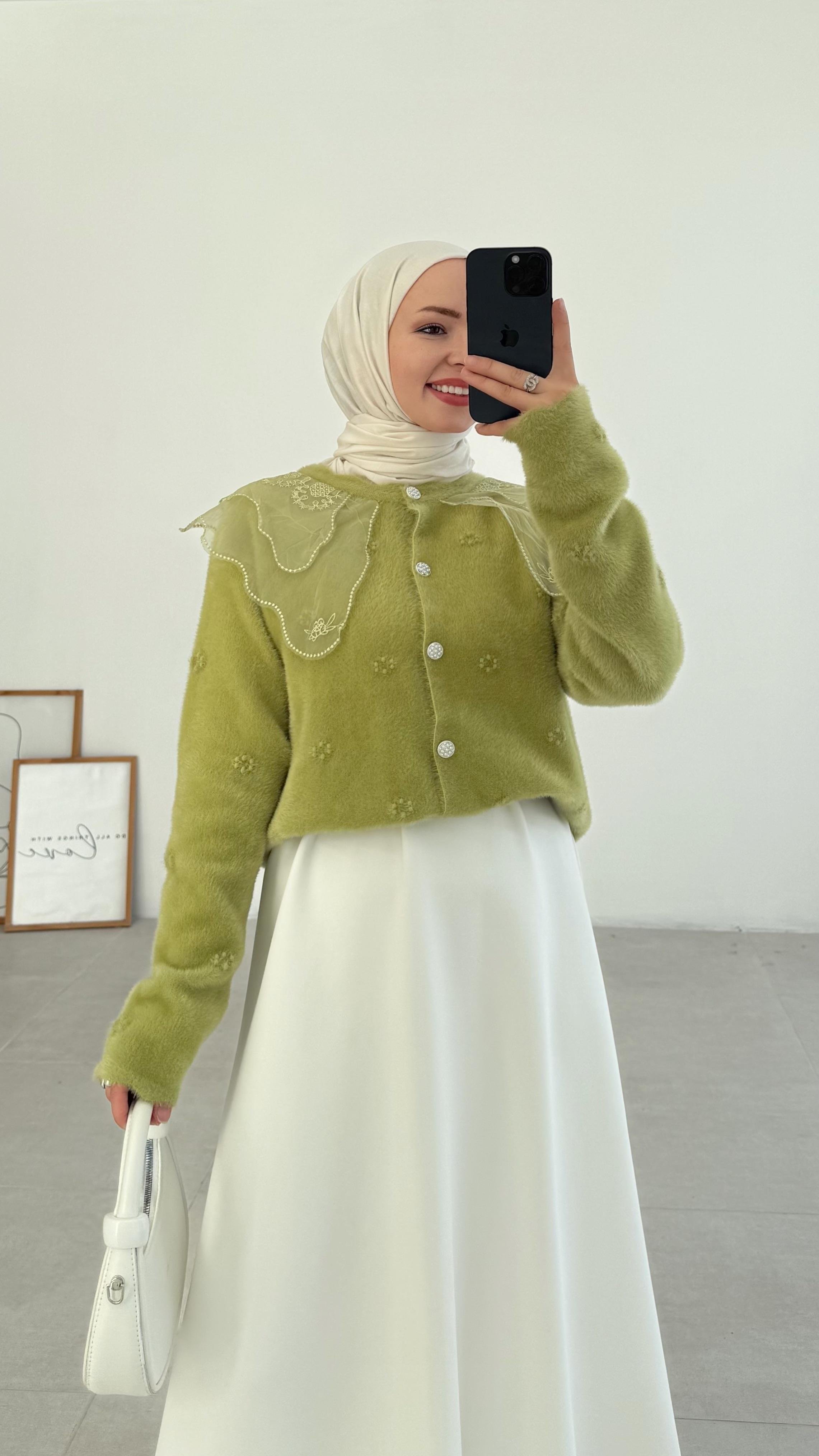 Kaley Bebe Yaka Yeşil Hırka 