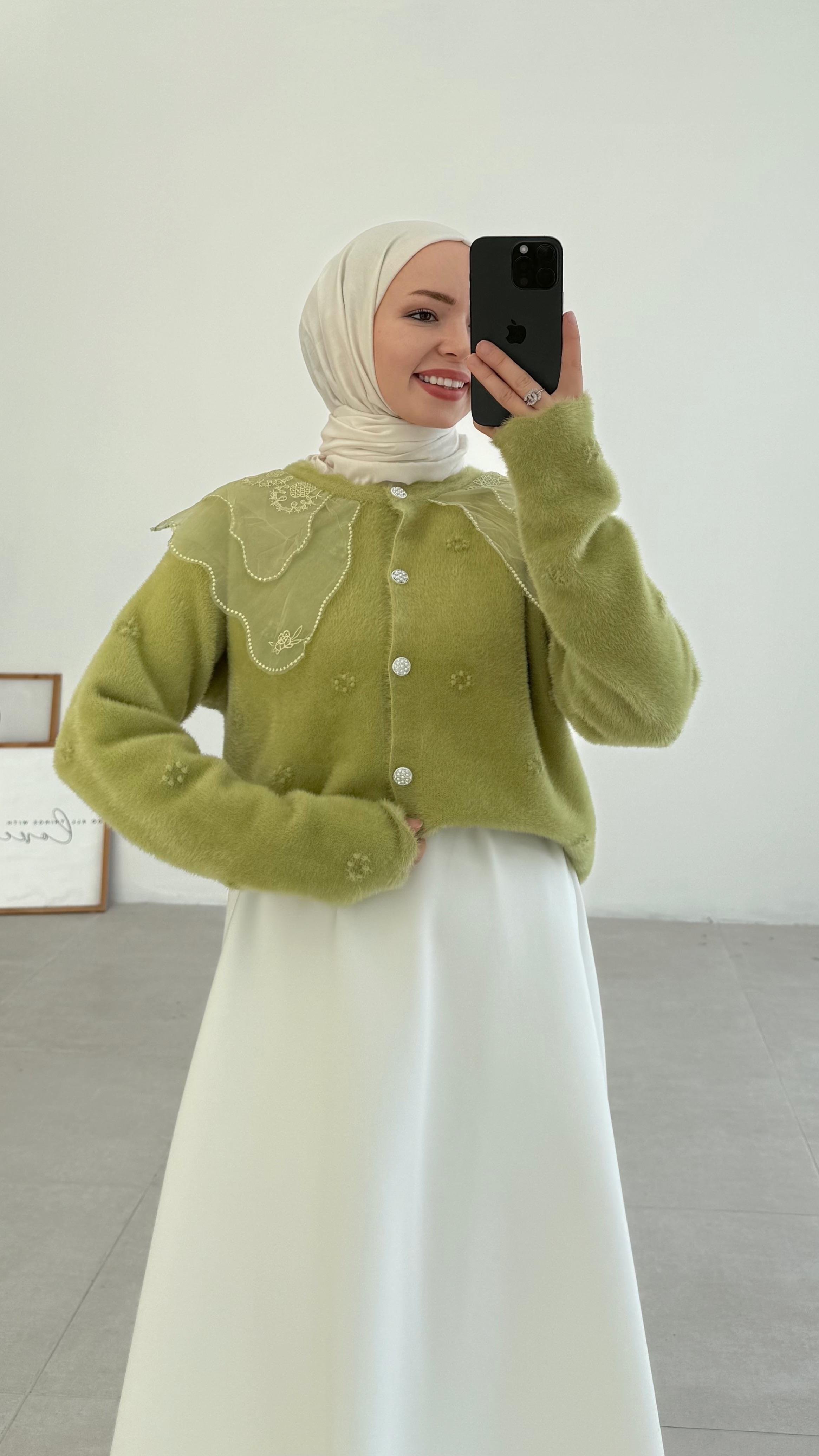 Kaley Bebe Yaka Yeşil Hırka 