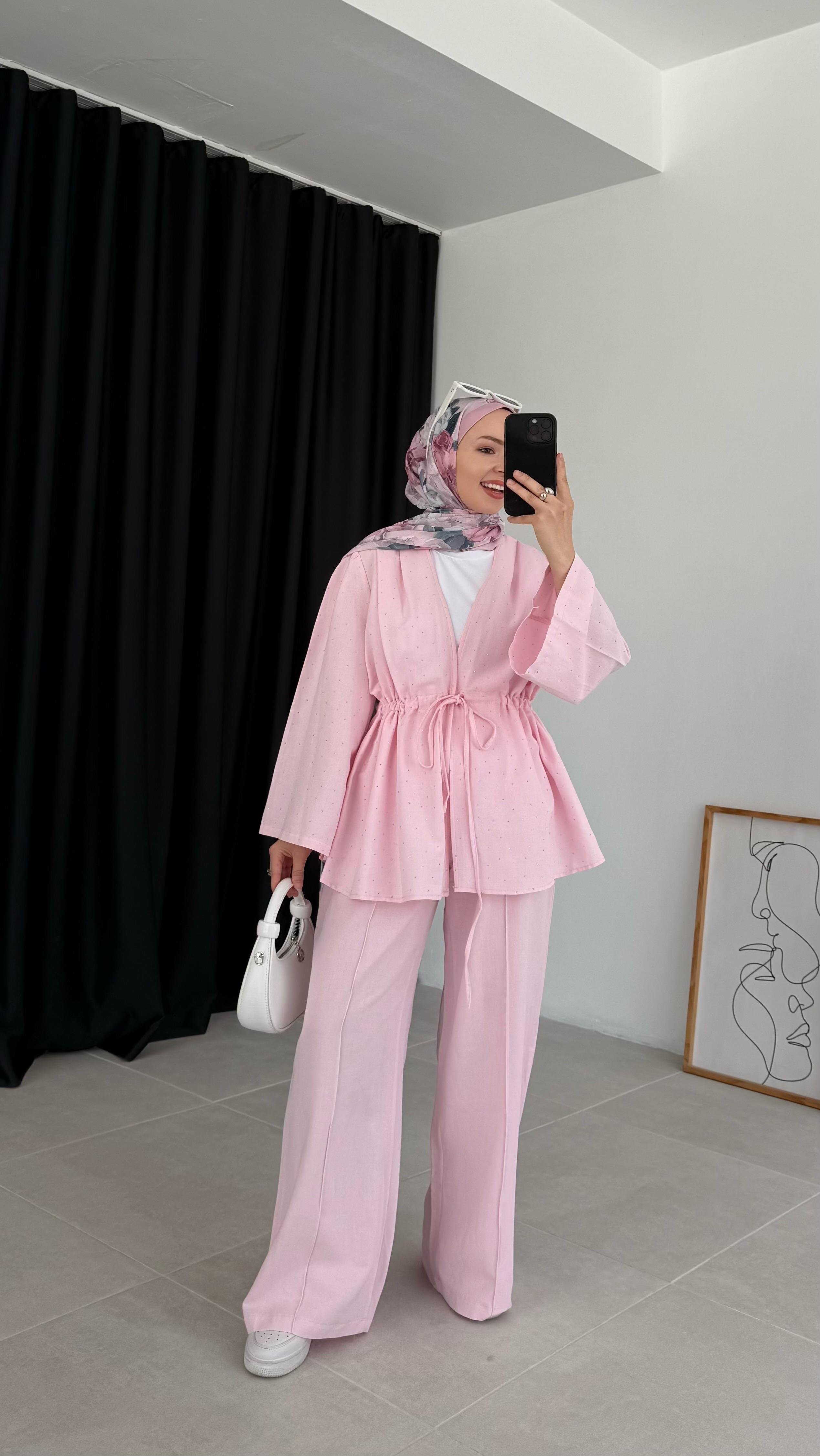 Kalsen Ham Keten Pullu Pembe Takım