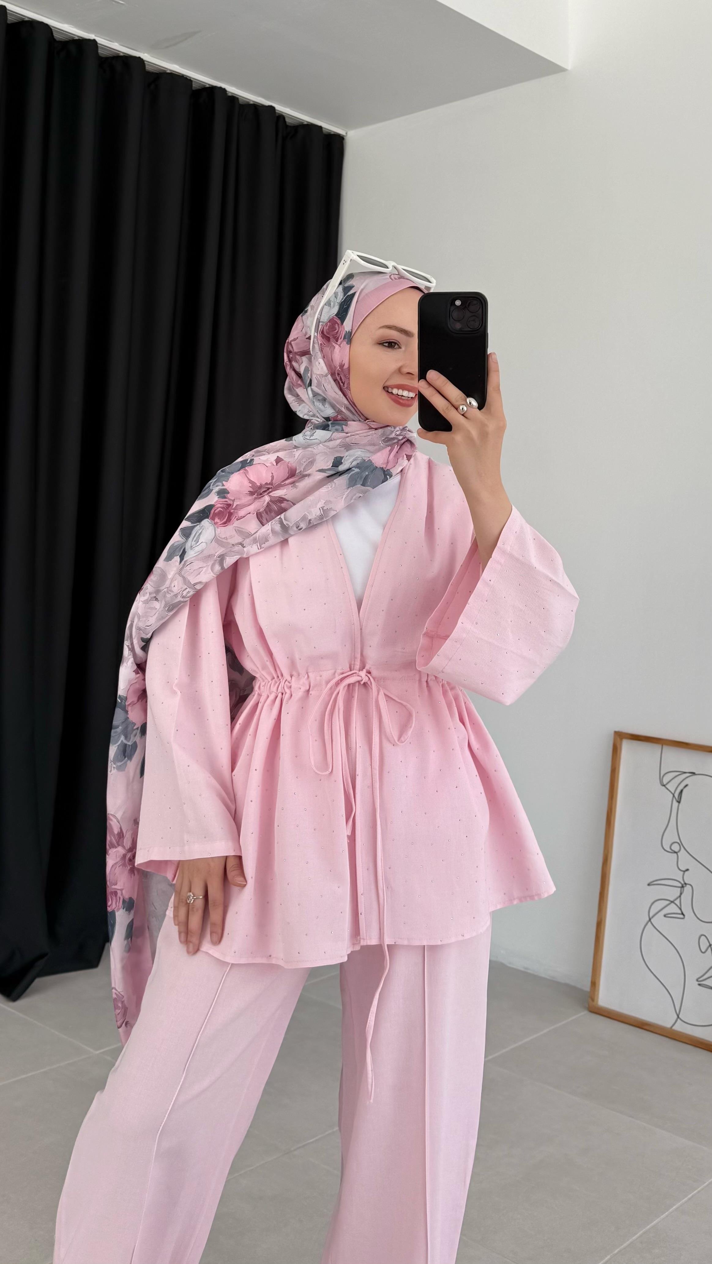 Kalsen Ham Keten Pullu Pembe Takım